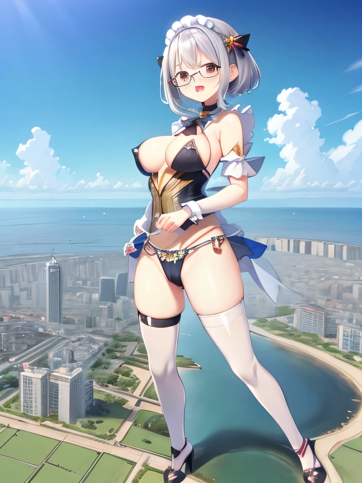 multiple girls, 3girls, standing, giantess art, highly detailed giantess shot, giantess, most detailed, perfect face, two legs, five fingers, short hair, beautiful girl bigger than a skyscraper, wearing rimless glasses, smiling, huge breasts, underwear, maid bikini, stiletto heels, under heavy attack, seaside metropolis, ocean, numerous miniature warships on the sea, very small metropolis, miniature metropolis, full body depiction, GTS, giga giantess gigagts,, trampling city, crush city, tiny city, micro city, high resolution, best quality, masterpiece,