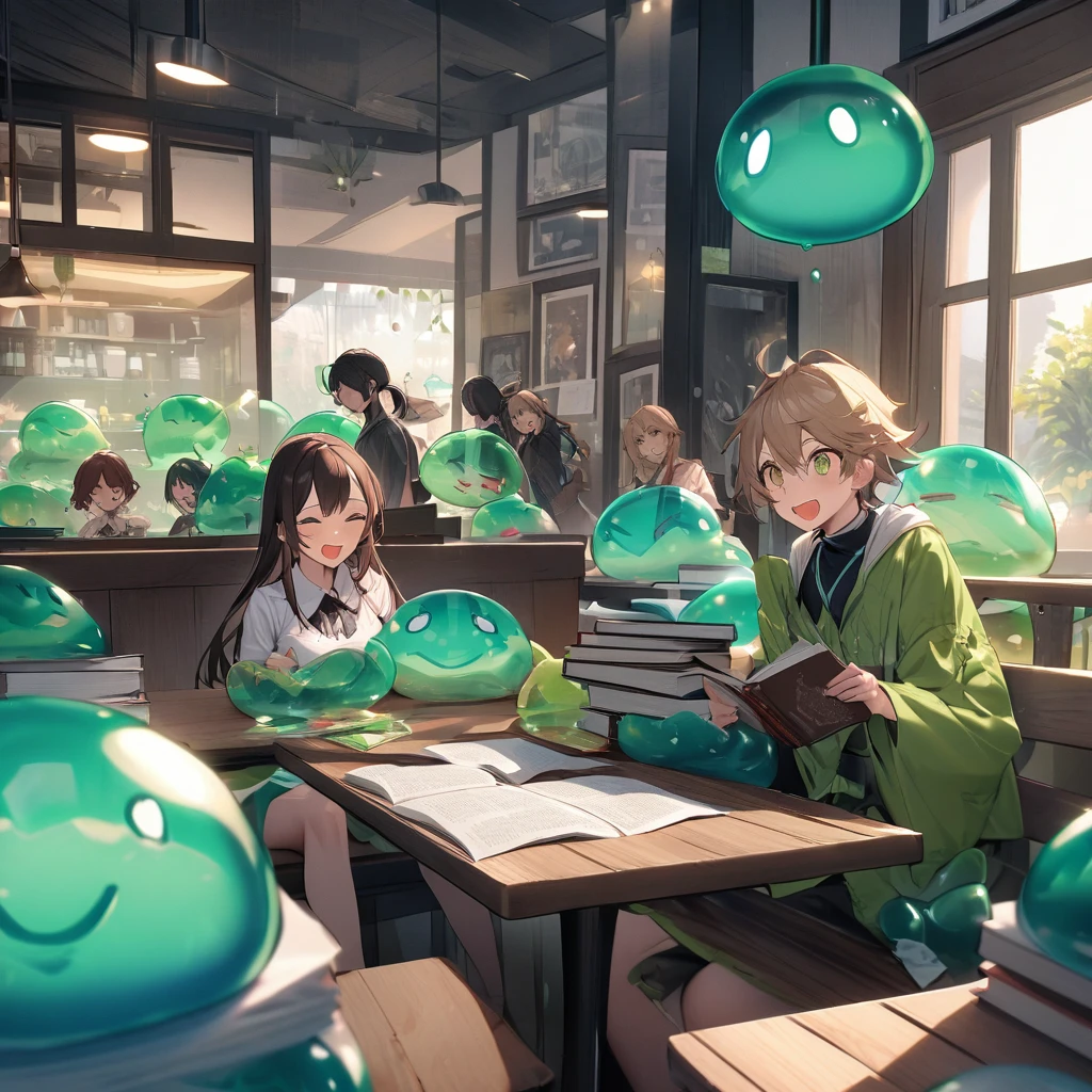 In a café corner, a mischievous group of Slimes plotted a prank. A green () Slime transformed into a "bookworm" and climbed a customer's book, startling him. Realizing it was harmless, they all erupted in laughter, creating a joyful moment, (), detailed