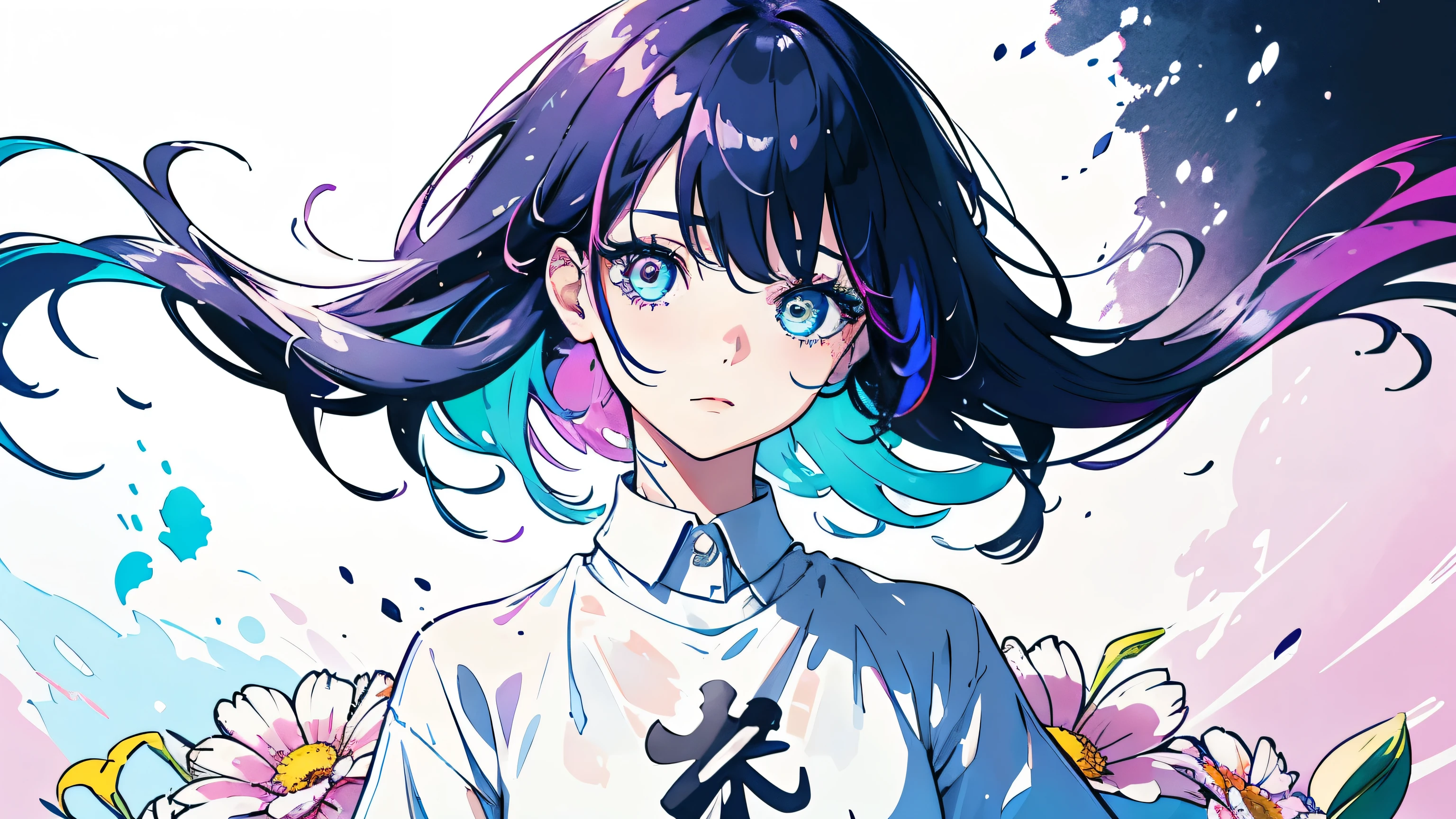 Lovely beautiful girl，1 girl，Wearing a platinum shirt，Half-body photo，Black clear eyes，Small face，Color Splash，Color Splash，Messy Lineouth closed，Long eyelashes，White shirt，Upper Body，Paint splashes，Acrylic paint，Rainbow Hair，Highest quality，In the background is a sky dotted with flowers.