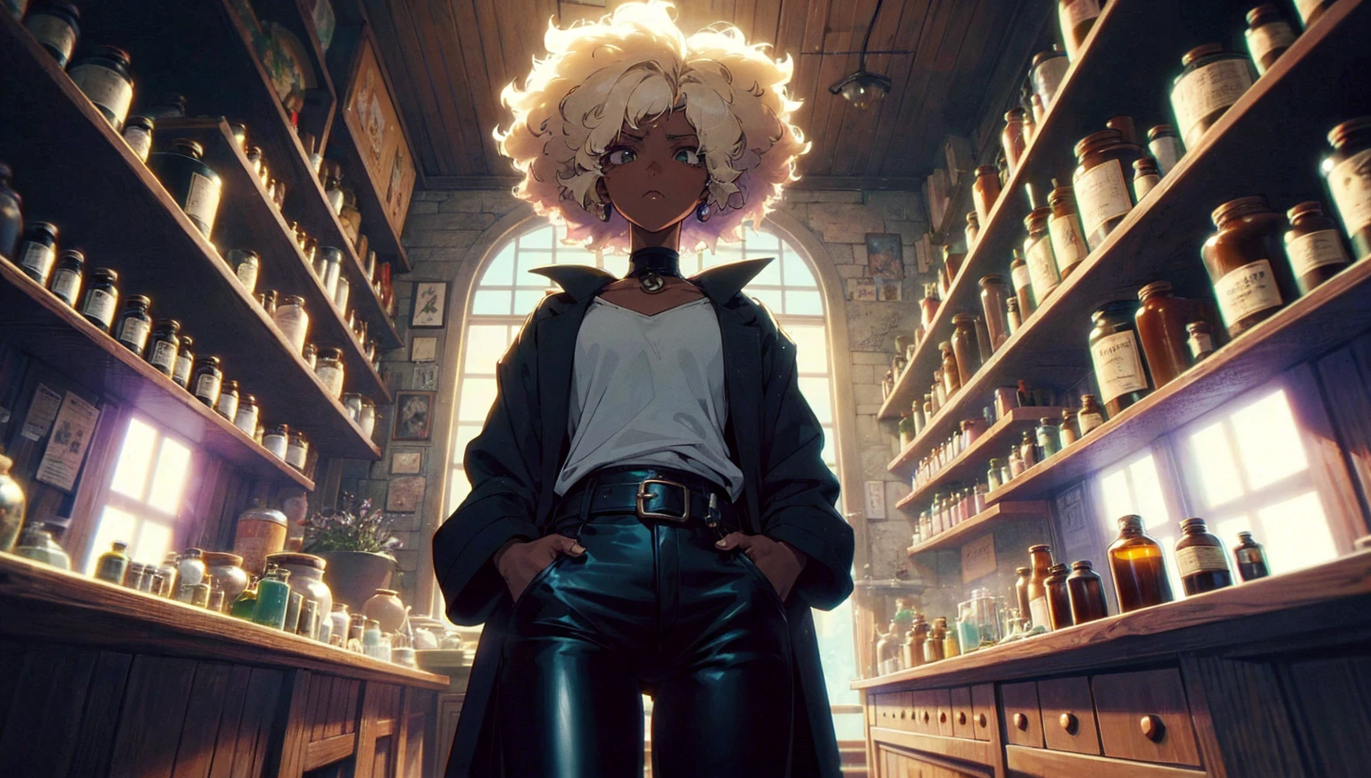 (Anime character style), (manga character style), (bd style), (Miyazaki design style) (ghibli color style) (Marvel style) Interior, by night, an ancient shop  with vials and ancient remedies. Face us an mixed race woman with blond afro, black jacket, white teeshirt and black leather trouser. Low angle camera. High fidelity, high skin details, aspect 16:9, her eyes look determined. Low light in the store, some  medicinal plants On table, some weeds on table