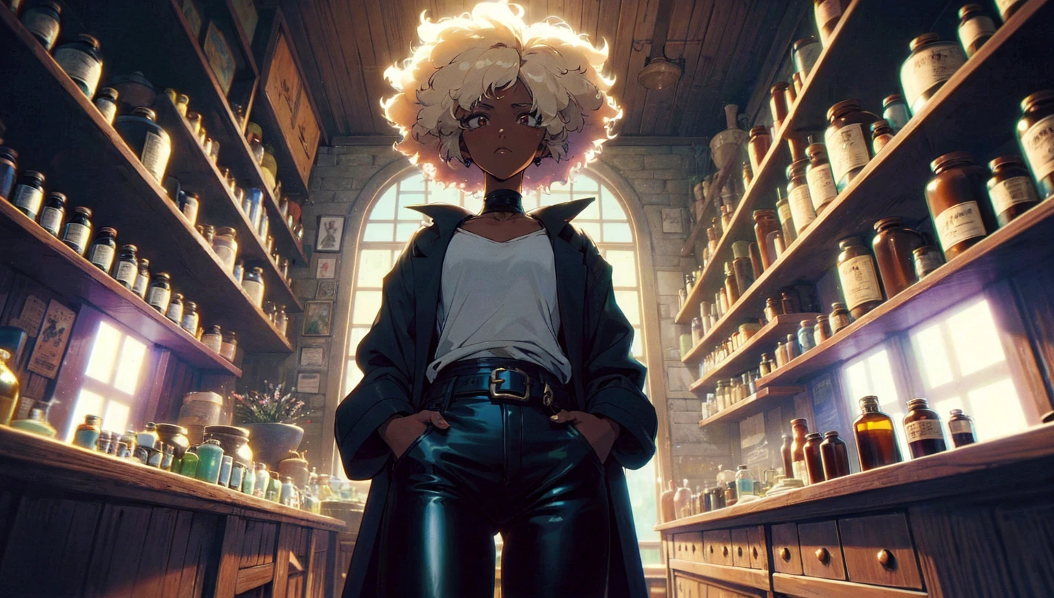 (Anime character style), (manga character style), (bd style), (Miyazaki design style) (ghibli color style) (Marvel style) Interior, by night, an ancient shop with vials and ancient remedies. Face us an mixed race woman with blond afro, black jacket, white teeshirt and black leather trouser. Low angle camera. High fidelity, high skin details, aspect 16:9, her eyes look determined. Low light in the store, some medicinal plants On table, some weeds on table