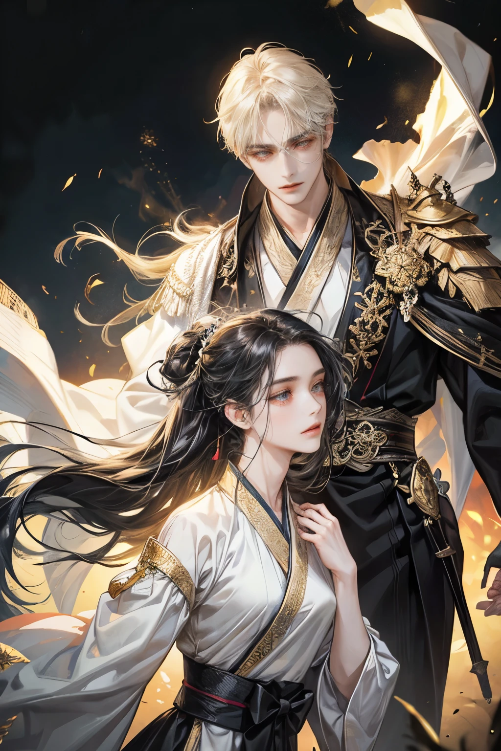 a handsome man floating in the sky, black long hair blowing in the wind, half of hair tied with white long fabric thread, cardamom hair mask, black and long Hanfu cloths, black and gold is the main colors of cloths, cloths covered, both hands have long swords, fighting, movement, hard wind, cloths blowing by the wind, aura, god light shine from behind, natural background, colorful shade, hi-quality, masterpiece