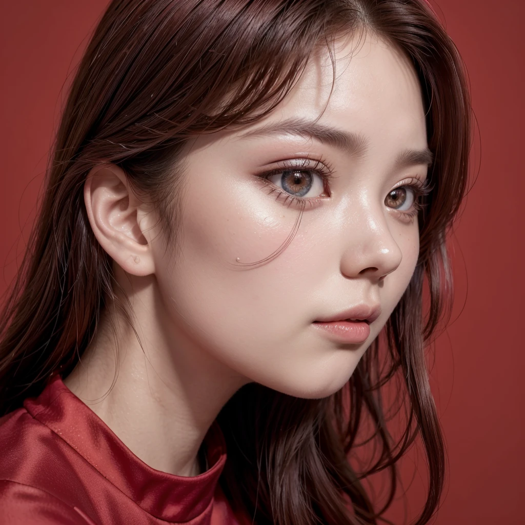 ((Top quality, masterpiece, 8K, best image quality, ultra-high resolution)),((TWICE tzuyu:2, Korean beauty:1.2)),(1 girl),(Long narrow eyes, slanted eyes:1.7),(Red hair:1.7, Long hair:1.2),(Small face, fair skin:1.2),(Profile:1.5),(Close-up)(Slender:1.5, Big breasts:1.3),(Sexiness, sensuality, mature),(World's most beautiful face),(Red dress:1.2),(Bright red background)