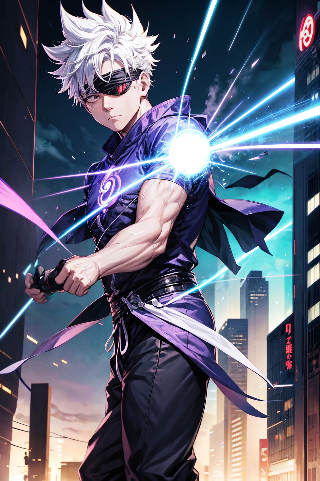 Generate an animated wallpaper featuring Gojo Satoru from Jujutsu Kaisen. The scene should depict Gojo in his confident stance, with his signature blindfold and white hair. Surround him with his powerful Infinity technique, creating a shimmering barrier of blue and purple energy. The background should be a dynamic urban setting at night, with buildings illuminated by neon lights. Include animations such as Gojo’s energy field pulsating, his hair subtly moving, and the city lights flickering. The overall mood should be intense and captivating, highlighting Gojo’s immense power and cool demeanor.