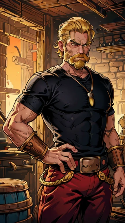 (1man, Asterix, blonde hair, black top, facial hair, mustache, red pant), (extremely detailed CG unit 8k wallpaper),(master part), (best quality), (ultra detail), (best illustration),(style of Dan Mumford), cowboy shot, (Sharp eyeliner, ombre, detail eyes:1), dark viking dungeon interiors background, ,break , (ancient viking), upper body,