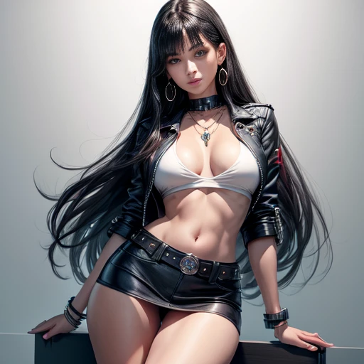 1 woman 30 years old, One, long straight black hair, bang,I look at the viewer, detailed eyes, shy smile,Jewelry, medium breast, earrings,belt, blue leather jacket over a tight red t-shirt,mini skirt,sheer white tights,NECKLACE, bracelet, lips,((Dynamic angle)),