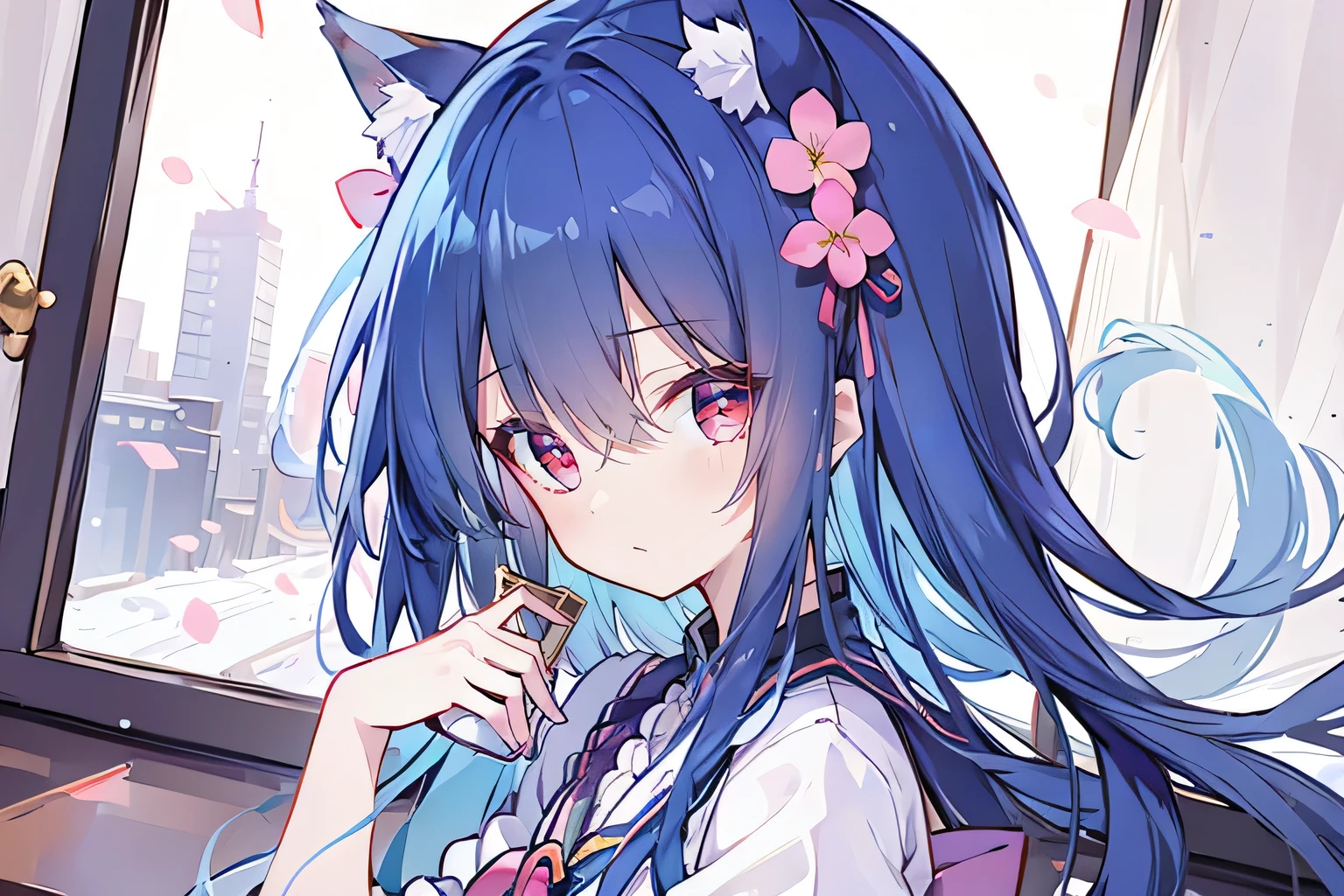 (Masterpiece:1.2),Ultra-detailed,lifelike,The eyes are expressive,Fair skin,Perfect face shape,1 girl,Japanese Manga,Gorgeous blue hair,Flowing blue hair,Flowing clothes,Cat ears,Petals falling,Smile,Tokyo background,background,heavy snow,winter.Highest quality,perfect face,sitting on window sill drinking coffee and looking out the window.