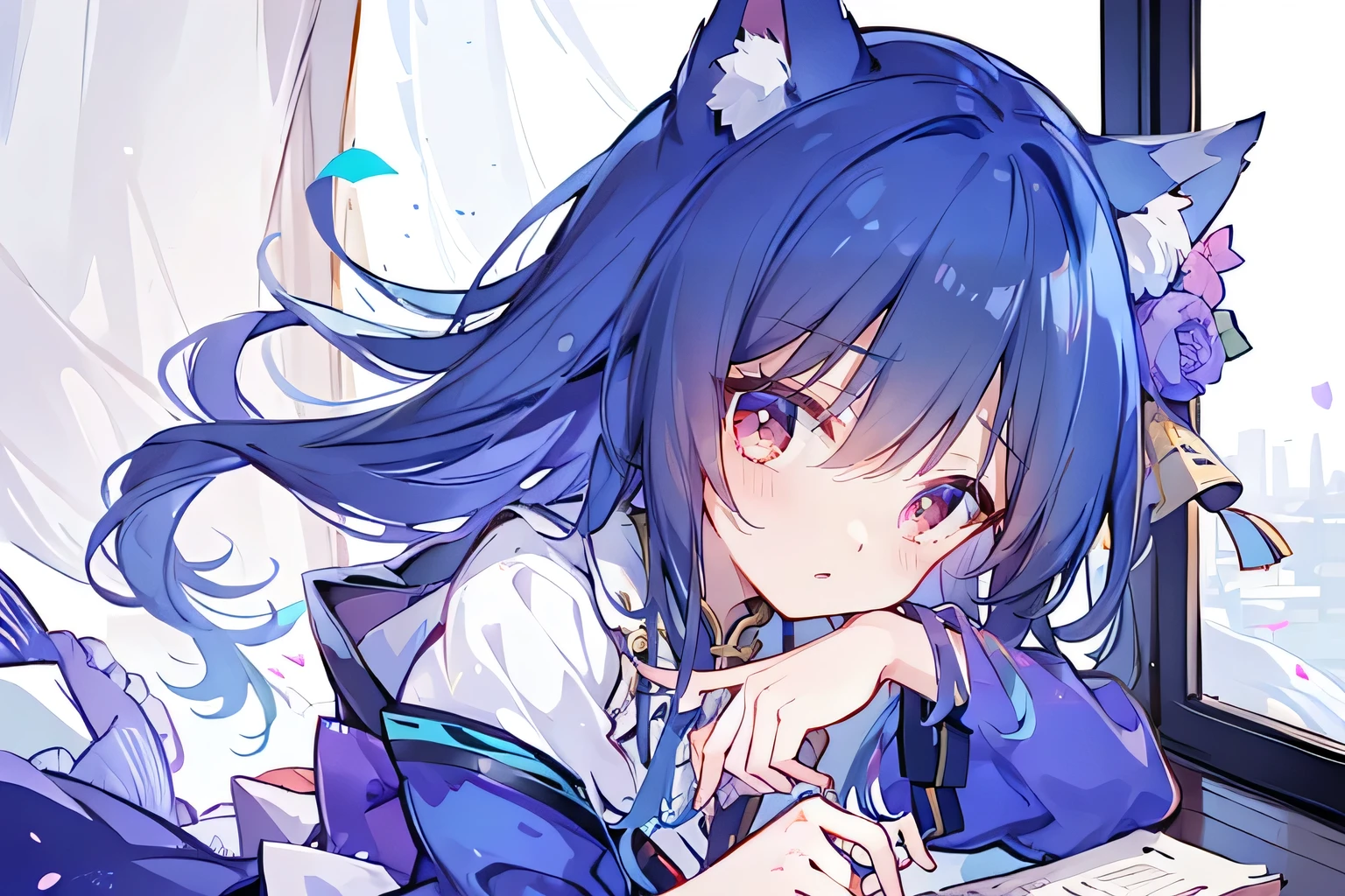 (Masterpiece:1.2),Ultra-detailed,lifelike,The eyes are expressive,Fair skin,Perfect face shape,1 girl,Japanese Manga,Gorgeous blue hair,Flowing blue hair,Flowing clothes,Cat ears,Petals falling,Smile,Tokyo background,background,heavy snow,winter.Highest quality,perfect face,sitting on window sill drinking coffee and looking out the window.