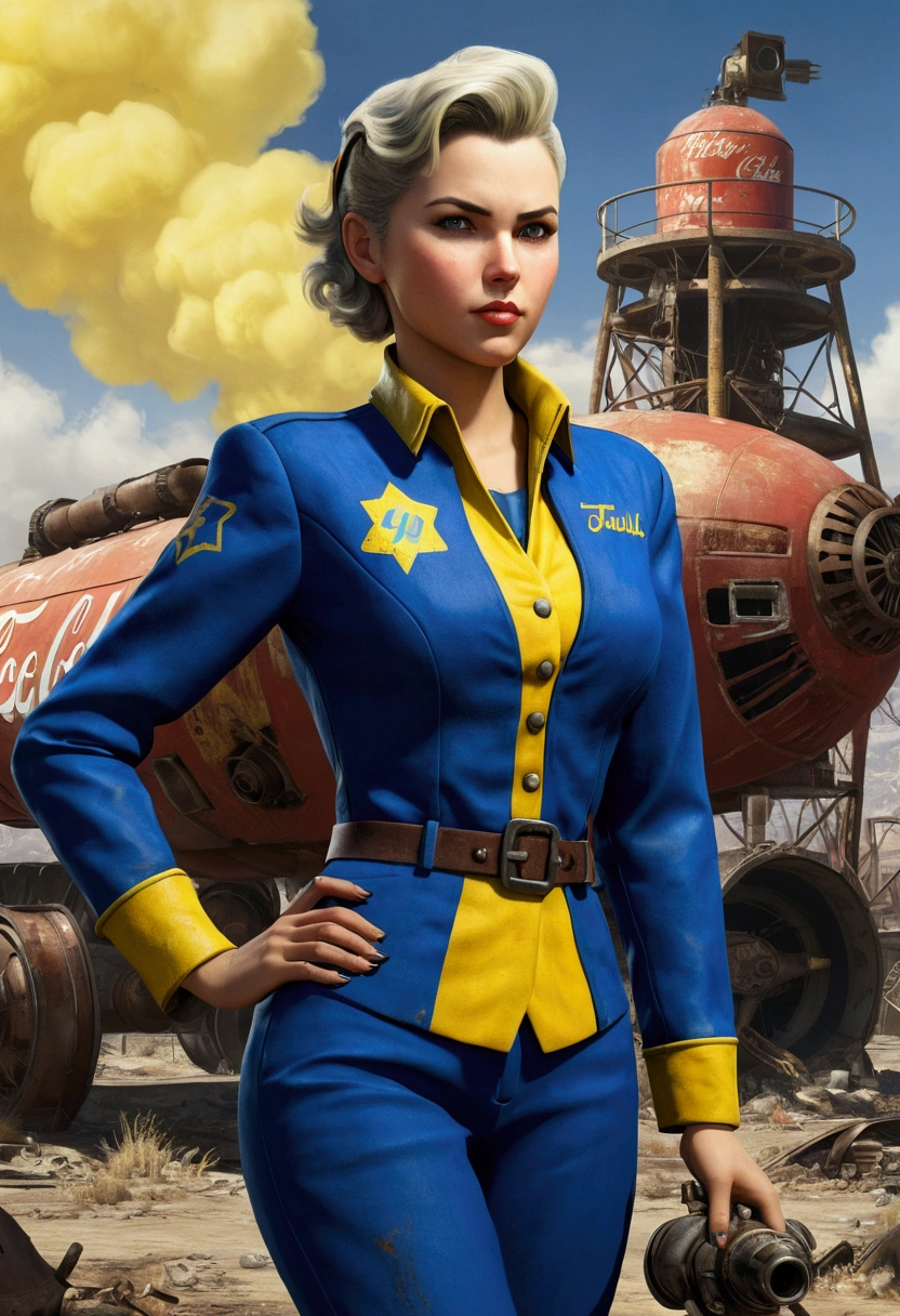 Fallout female character, with classic blue and yellow uniform suit, fiftyes poster of nuka-Cola pinup style, Post apocalyptic background