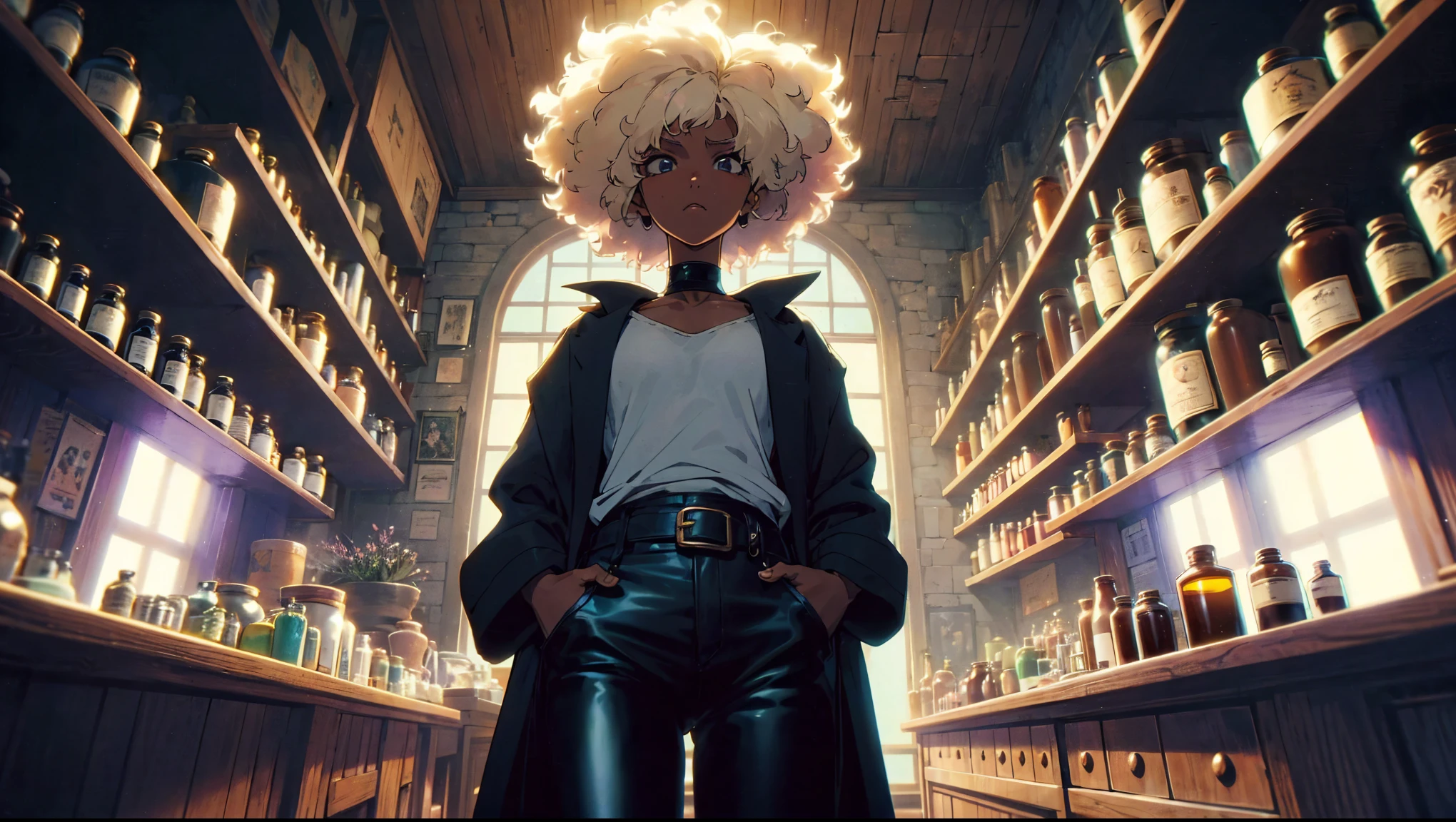 (Anime character style), (manga character style), (bd style), (Miyazaki design style) (ghibli color style) (Marvel style) Interior, by night, an ancient shop  with vials and ancient remedies. Face us an mixed race woman with blond afro, black jacket, white teeshirt and black leather trouser. Low angle camera. High fidelity, high skin details, aspect 16:9, her eyes look determined. Low light in the store, some  medicinal plants On table, some weeds on table