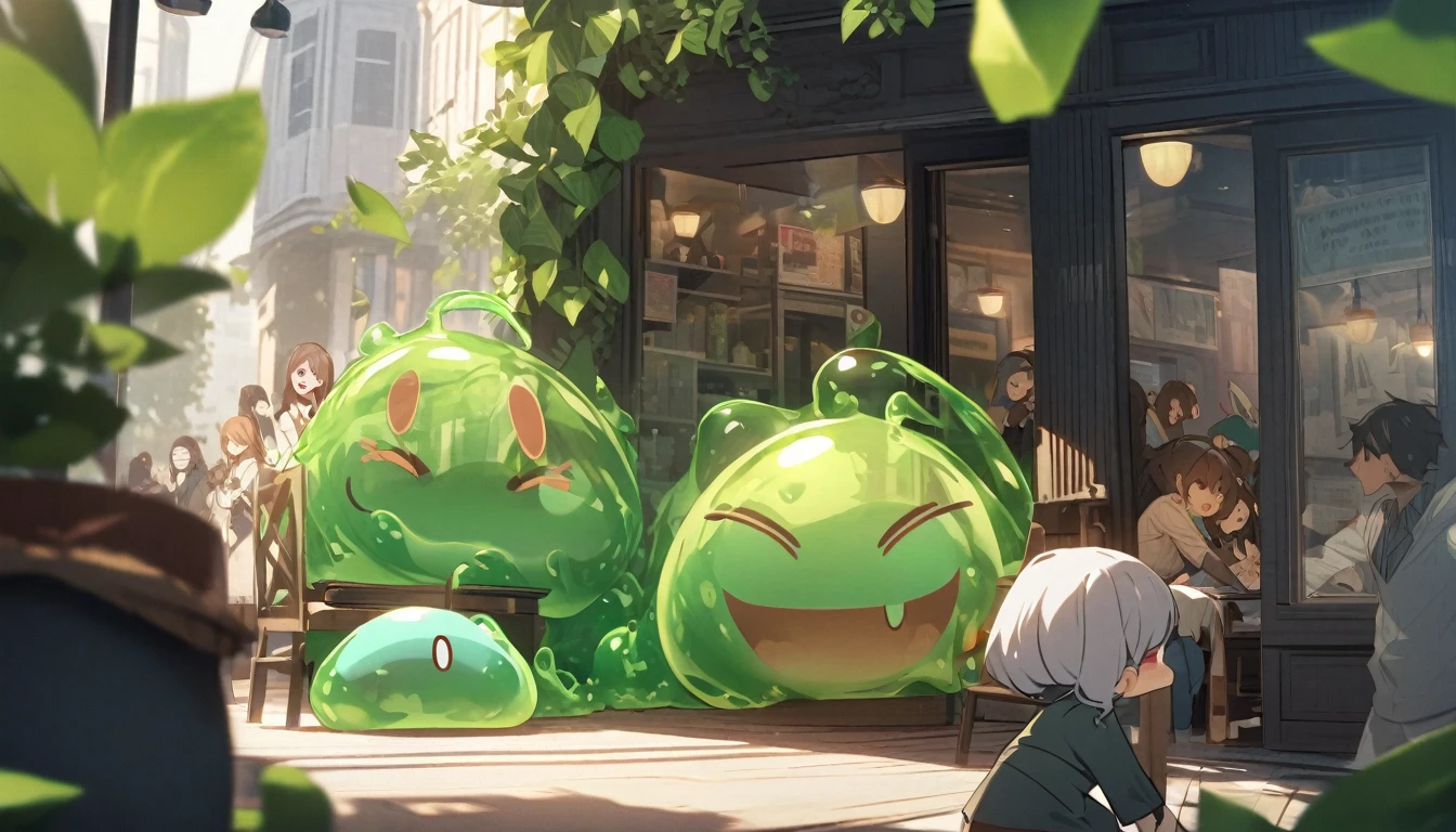 In a café corner, a mischievous group of Slimes plotted a prank. A green (transparent) Slime transformed into a "bookworm" and climbed a customer's book, startling him. Realizing it was harmless, they all erupted in laughter, creating a joyful moment, (transparent), detailed