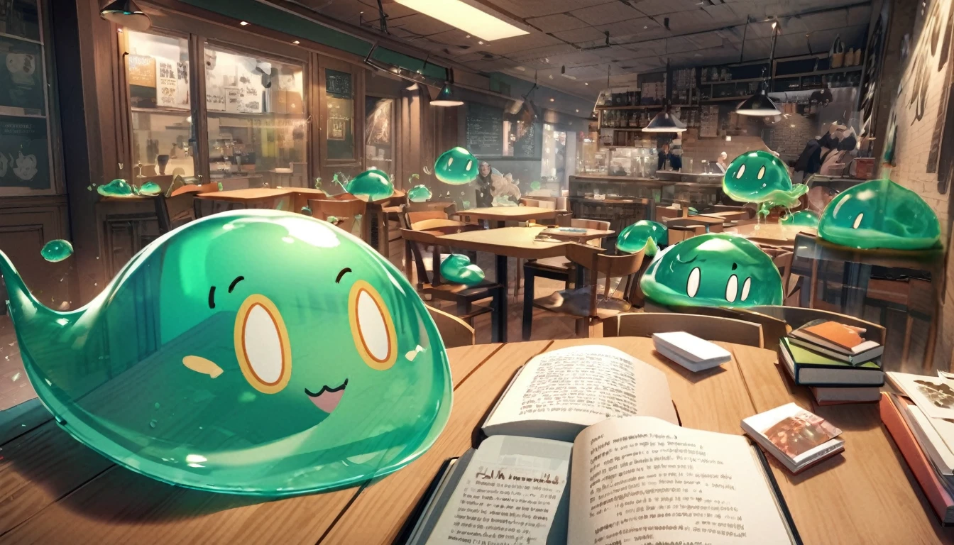 In a café corner, a mischievous group of Slimes plotted a prank. A green (transparent) Slime transformed into a "bookworm" and climbed a customer's book, startling him. Realizing it was harmless, they all erupted in laughter, creating a joyful moment, (transparent), detailed