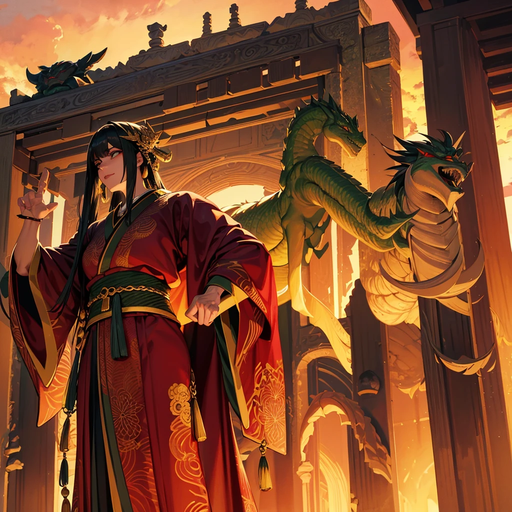 You find an imposing figure in front of you, half human, half dragon. Its scaled skin glows green in the light of the setting sun. Eyes piercing like emeralds watch your every move, filled with ancient wisdom and indomitable strength. His muscular and slender body is adorned by a luxurious kimono, in shades of red and gold, with intricate embroidery that seems to tell stories of epic battles and forgotten legends. The zabatou, long and imposing, is carefully tied around the waist, ready to be unsheathed in an instant. With a posture that mixes grace and power, she presents herself: