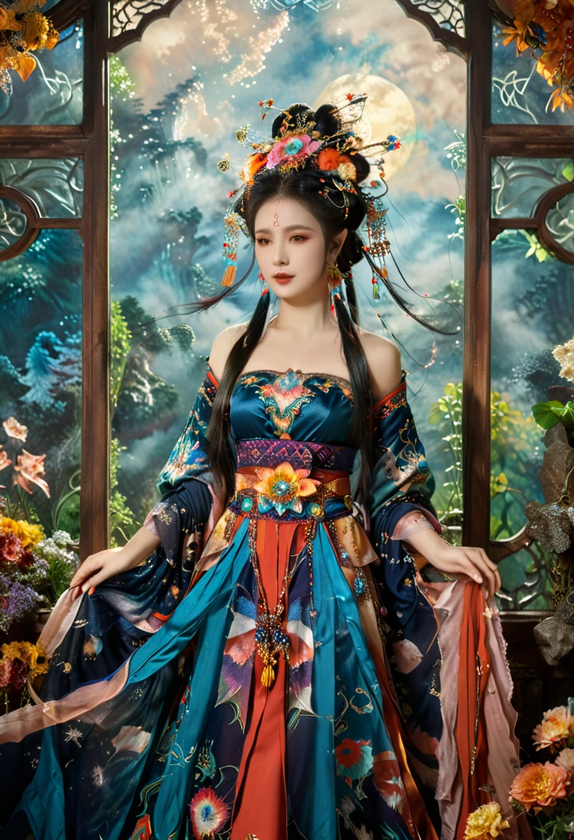 Gustave Moreau(Gustave Moreau),Thomas Kinkade(thomas kinkade),james gurney(James Gurney)HDR landscape photos taken,Carne Griffith,Paintings by Alberto Servizú,masterpiece,Realism,Dark,蓝tone,Surrealism,Starlight环,In the bright embrace of the moonlight serenade,1 Miao beauty,((独奏)),Wearing famous national costumes,Hmong clothing,Standing,模特Standing姿势,earrings,hat,belt,Real shot,Tall,Long hair shawl,braid,The decorative patterns on Miao robes are mostly geometric shapes.,Auspicious flowers and plants,snowflake,bats, etc,Various carved window frames,The window frames are engraved with wired grooves and various patterns,Clean background,Agate accessories,Fashion,Compared,tone,Texture,detail,Starlight,Colorful halo,Vibrant energy,Expressive,dramatic,organic lines and forms,dreamy and mysterious,Surrealism,Portrait Photography,complex,meticulous,sharp,Clarity,Better image quality,Rough brushstrokes,High Dynamic Range,vivid,detail丰富,阴影和高光Clarity,reality