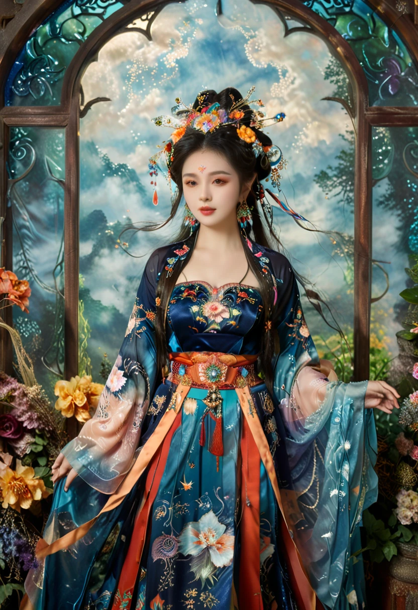 Gustave Moreau（Gustave Moreau），Thomas Kinkade（thomas kinkade），james gurney（James Gurney）HDR landscape photos taken，Carne Griffith，Paintings by Alberto Servizú，masterpiece，Realism，Dark，蓝tone，Surrealism，Starlight环，In the bright embrace of the moonlight serenade，1 Miao beauty，((独奏))，Wearing famous national costumes，Hmong clothing，Standing，模特Standing姿势，earrings，hat，belt，Real shot，Tall，Long hair shawl，braid，The decorative patterns on Miao robes are mostly geometric shapes.，Auspicious flowers and plants，snowflake，bats, etc，Various carved window frames，The window frames are engraved with wired grooves and various patterns，Clean background，Agate accessories，Fashion，Compared，tone，Texture，detail，Starlight，Colorful halo，Vibrant energy，Expressive，dramatic，organic lines and forms，dreamy and mysterious，Surrealism，Portrait Photography，complex，meticulous，sharp，Clarity，Better image quality，Rough brushstrokes，High Dynamic Range，vivid，detail丰富，阴影和高光Clarity，reality