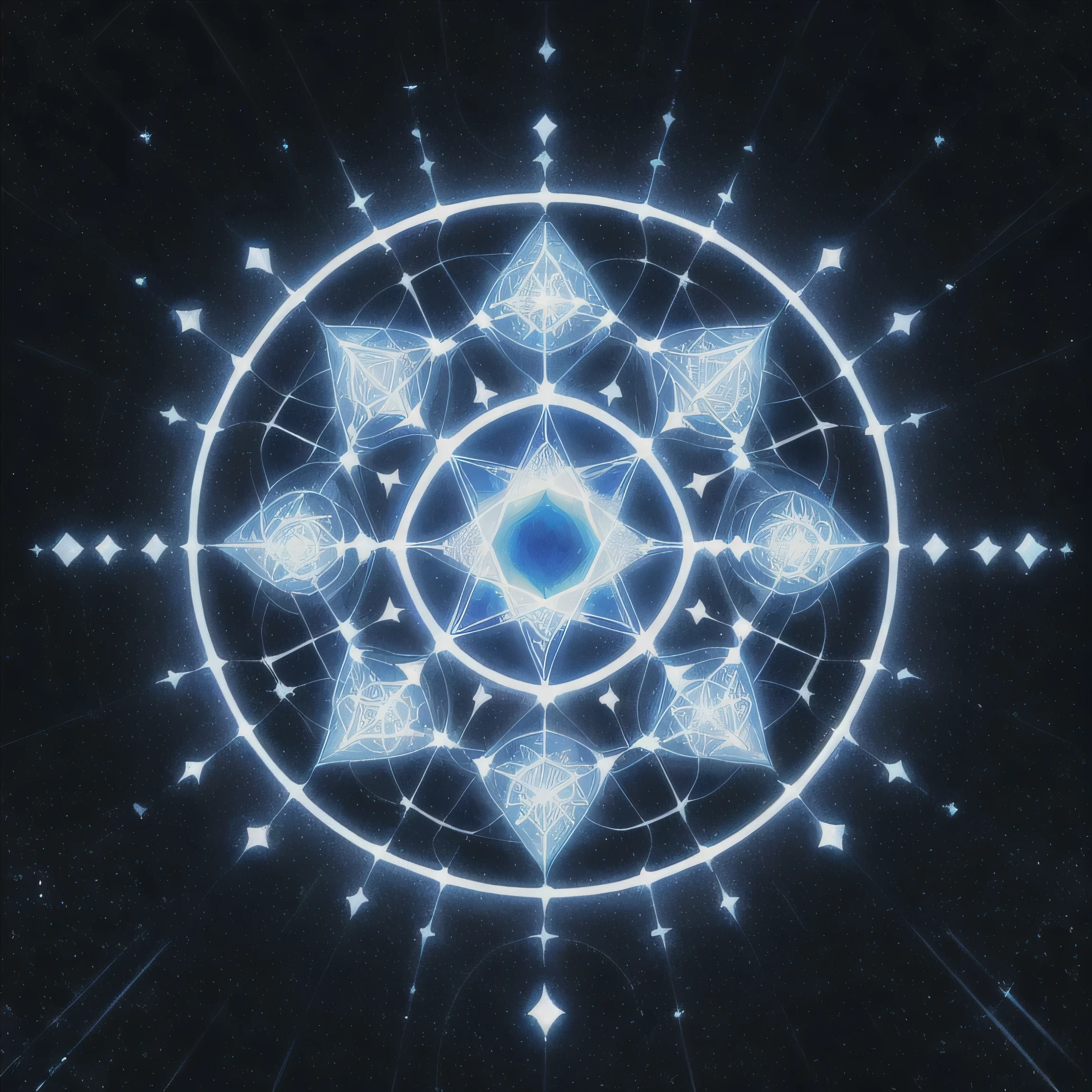 A white star with many dots and circles on a blue background, Metatron, Sacred geometry, Sacred geometry pattern, overlaid Sacred geometry, fractal Sacred geometry, Sacred Fractal Structures, Geometry and Astrology, 8 dimensions, Gives off a blue aura, 9 dimensions, Hexagon in front of the sun, Tesseract, Geometry of Magical Elves