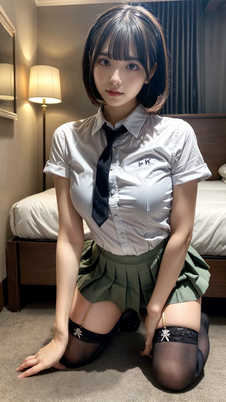 masterpiece, best quality, illustration, Super detailed, fine details, High resolution, 8K,wall paper, perfect dynamic composition,(Details High quality, realistic depiction of eyes:1.3), (collared shirt:1.1), pleated skirt, knee high socks, large breasts, short bob hair, black hair color, Big Natural Color Lip, (perfect body shape), crying a little、Harajuku style、20 year old girl、cute type、lolita、beautiful legs, hotel room, Gravure Idol, Voluptuous thighs, large hip, getting pounded from behind, on all fours