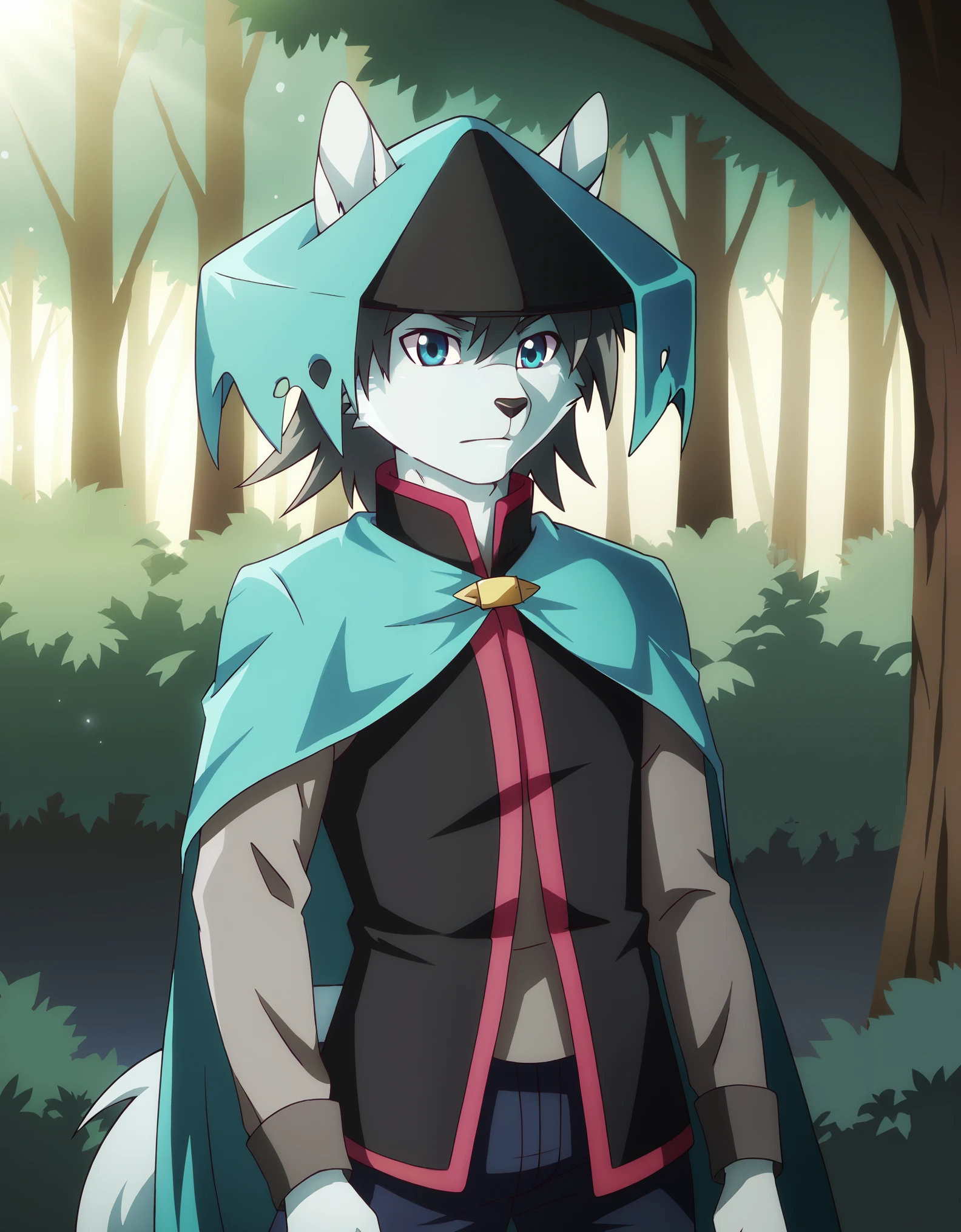 score_9, score_8_up, score_7_up, score_6_up, (du57aet, anthro, tail), ((male focus, 1boy, solo)), male, half-length portrait, blue eyes, hat, cape, vest,  forest background 