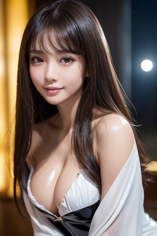 Latex bodysuit、Knee-high boots、Huge 、Long brown hair、Japanese Gravure Idol、Shiny, Oily skin、Glowing Skin、Indoor competition pool、White skin、The beauty of kimono, Body Portrait, 8k, Narrow and beautiful eyes, Dindal effect, masterpiece, 最high quality, high quality, High resolution, Very detailed photos, (Natural skin texture, Fine skin, Hyperrealism, Ultra Sharpness) , Skin with attention to detail, (Very fine, Fine skin texture, Intricate details, Beautiful Face, (Lifelike face), Realistic eyes, Beautiful and detailed eyes, Realistic Skin, Beautiful Skin, surreal, Very detailed, Golden Ratio, Smiling Eyes, ((Night moonlight background)), Body Portrait, , glamorous、 Shiny Bodysuit