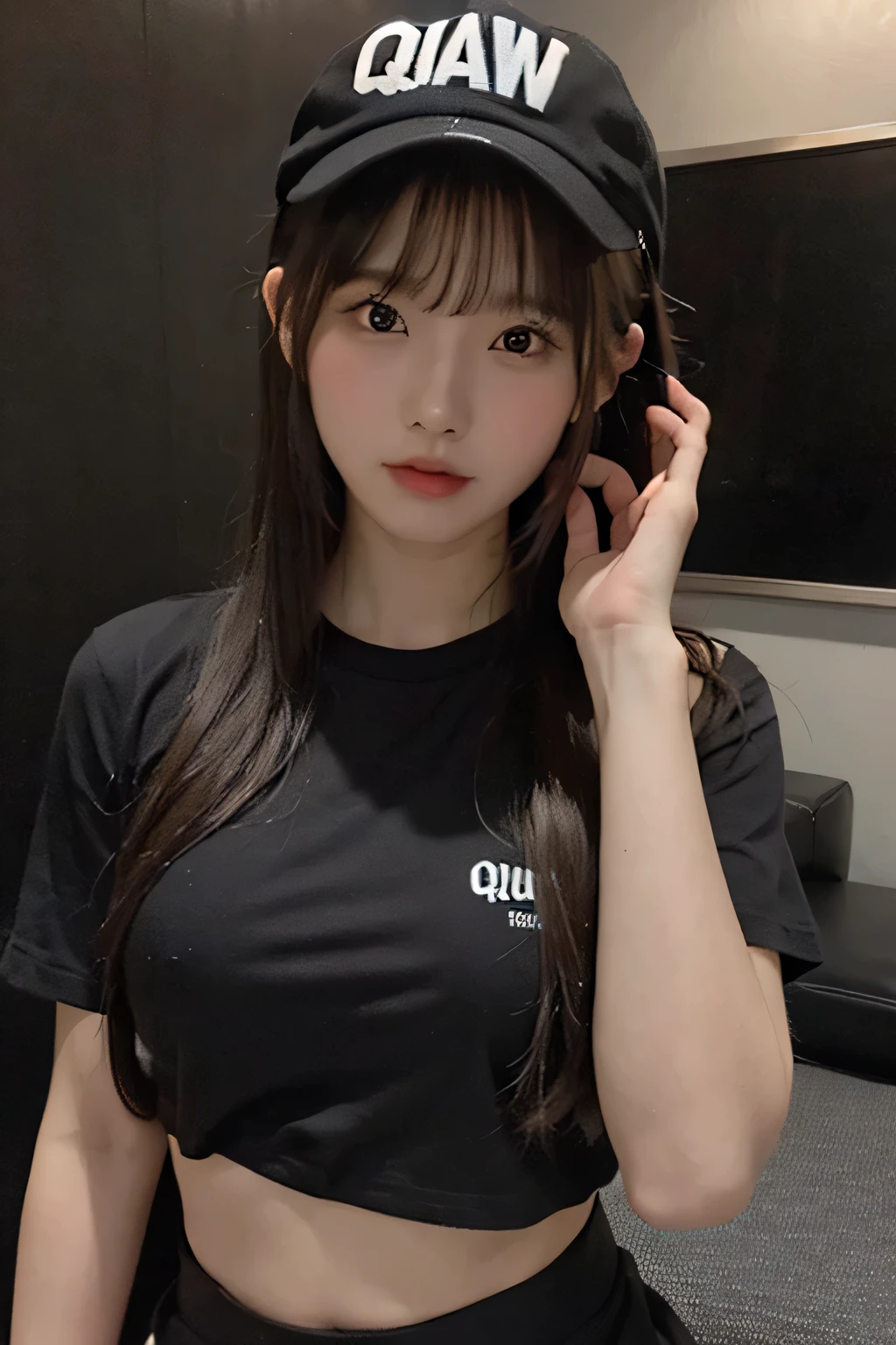 Cute Japanese high school girl wearing a black T-shirt, with long hair including bangs and fringe, posing for Instagram photos, wearing a cap on her head with the logo "QEW", photo realistic in the style of an Instagram photo. --ar 31:39