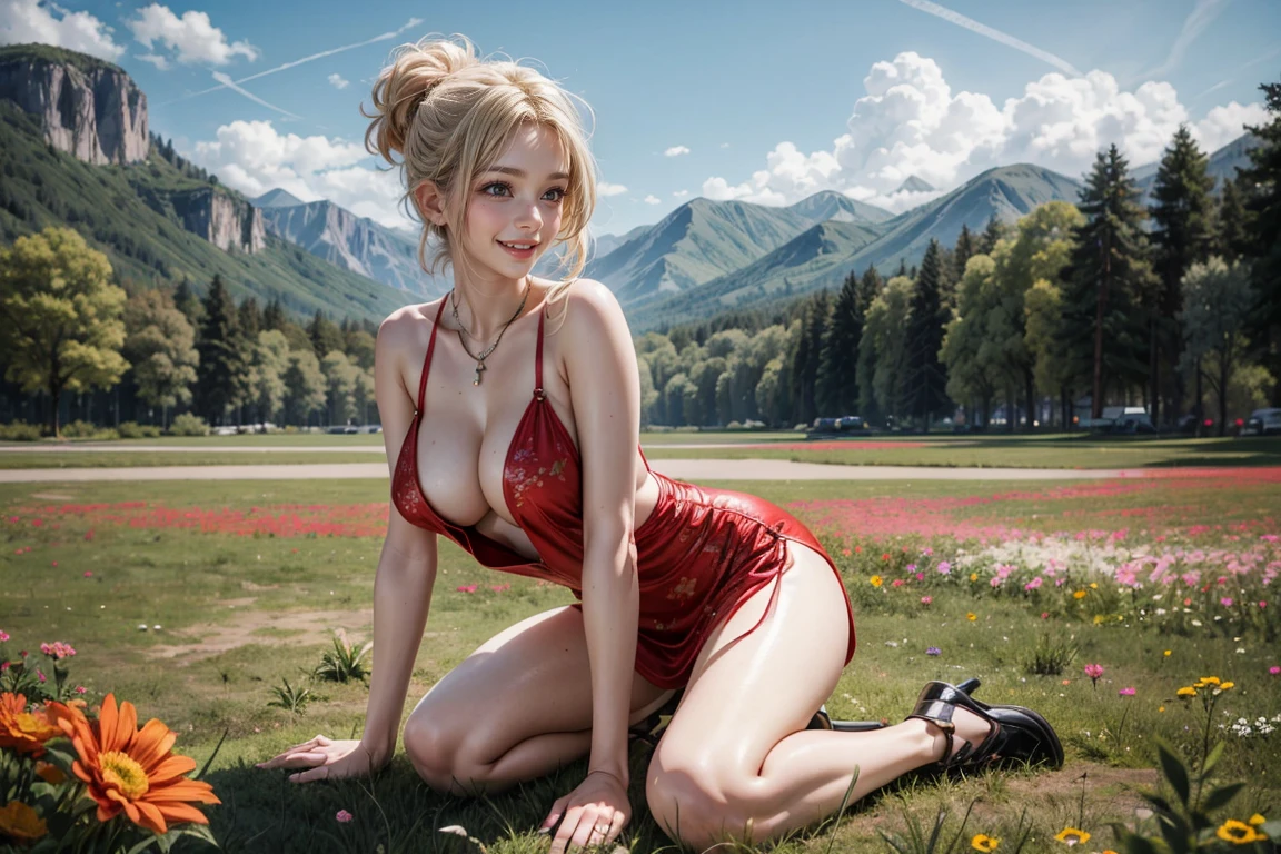 masterpiece, photorealistic:1,  field of flowers,  nature, scenery, outdoors, valley, wide_angle_shot, beautiful 20 year old woman among flowers, surrounded by flowers, 1girl, elegant,  blond_hair, medium_hair,  hair_up,  blonde,   kneeling,   jewelry, necklace, leg, hair_up,  cleavage, red china dress,best quality,  
medium_breasts, bangs,  extremely detailed artgerm, photorealistic perfect body,detailed skin, 