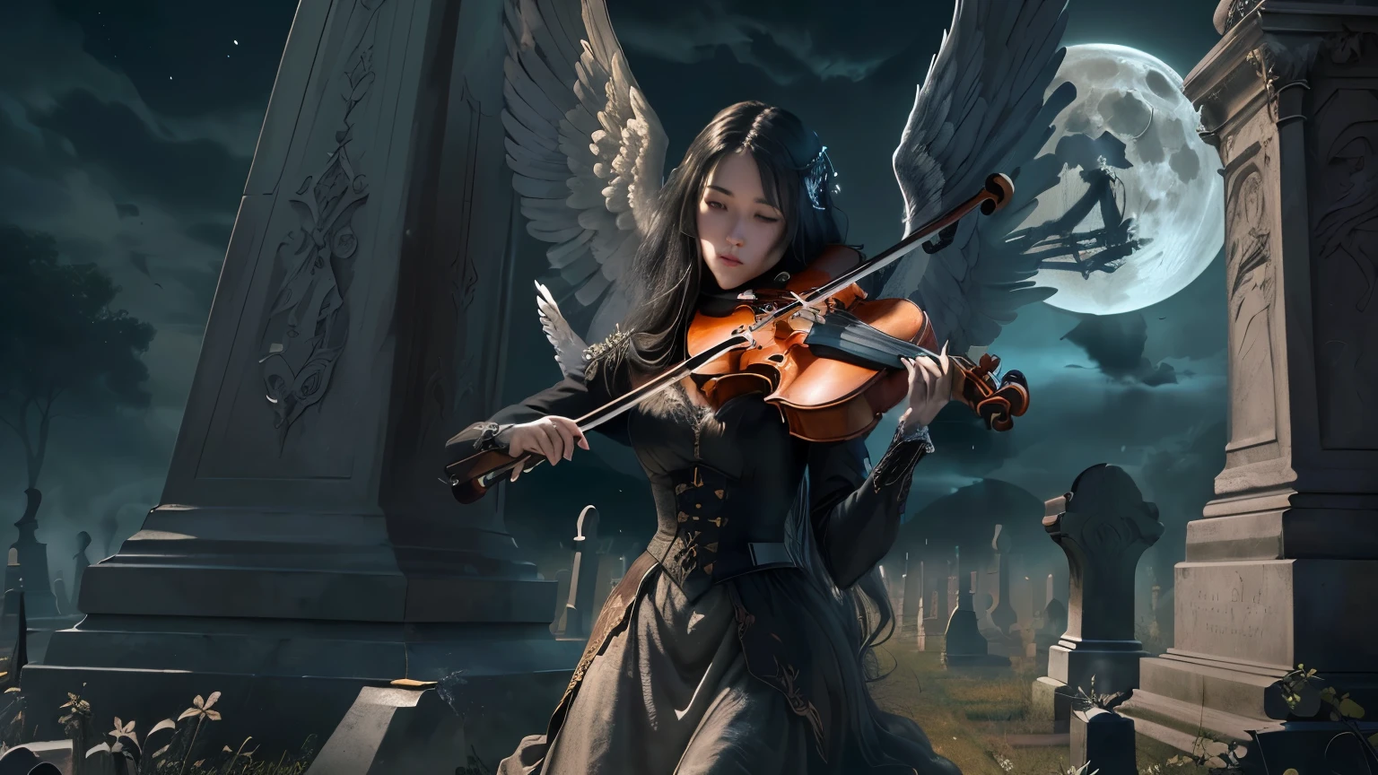 there is a woman playing a violin in a cemetery with a full moon, fantasy violin, masterful composition!!!, background artwork, musician, classical artwork, the angel of death, (fantasy violin), beautiful digital artwork, 4k highly detailed digital art, angel, amazing composition, angel of death, angelic and unsettling, portrait of the death angel, 4k detailed digital art