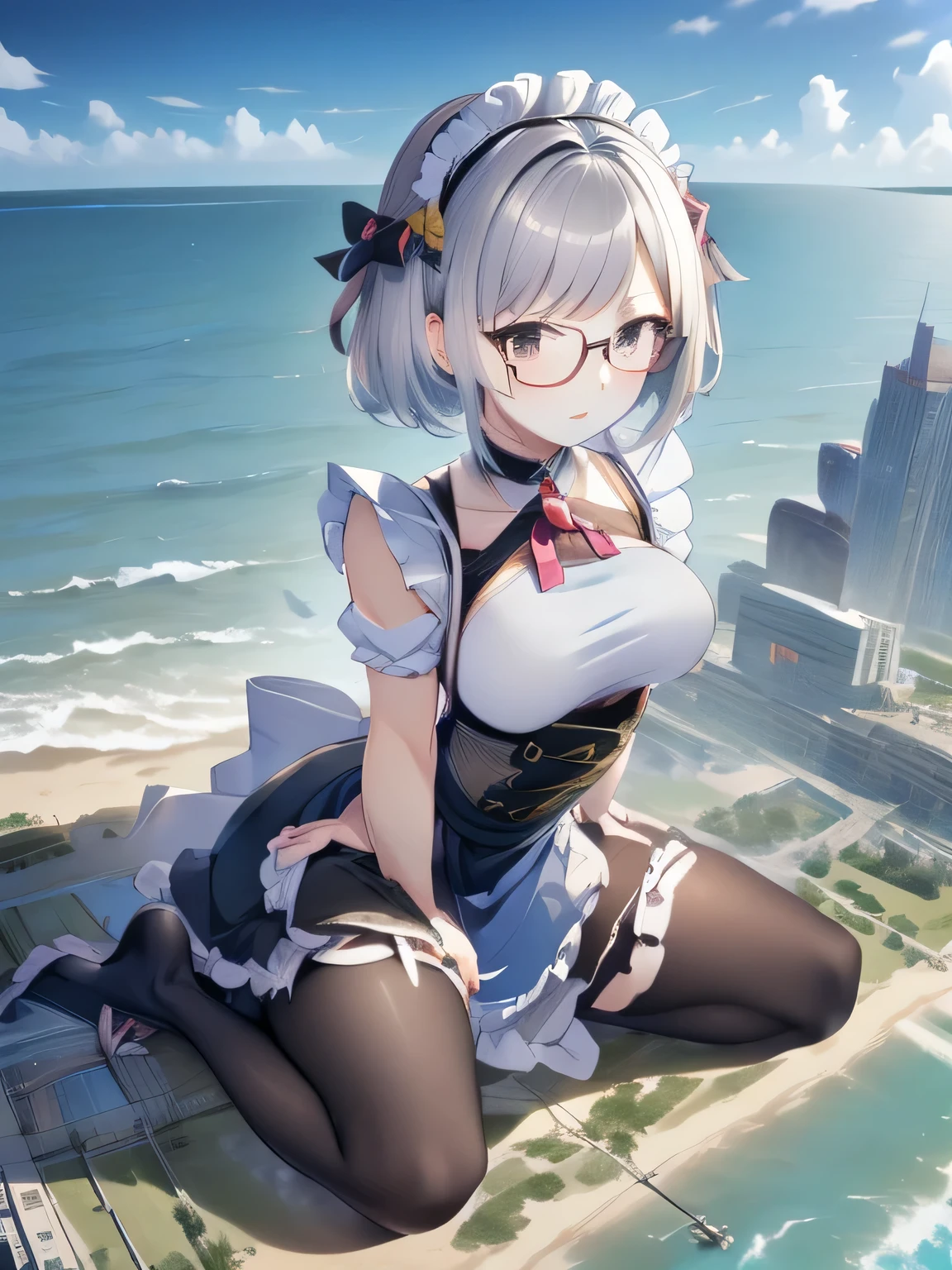 multiple girls, 3girls, standing, giantess art, highly detailed giantess shot, giantess, most detailed, perfect face, two legs, five fingers, short hair, beautiful girl bigger than a skyscraper, wearing rimless glasses, smiling, huge breasts, maid, maid outfit, black pantyhose, no shoes, toes visible through pantyhose, steam coming out of soles of feet, seaside metropolis, ocean, destroying city, under heavy attack, very small metropolis, miniature metropolis, full body depiction, GTS, giga giantess, gigagts, trampling city, crashed city, small city, micro city, pantyhose feet, high resolution, best quality, masterpiece,