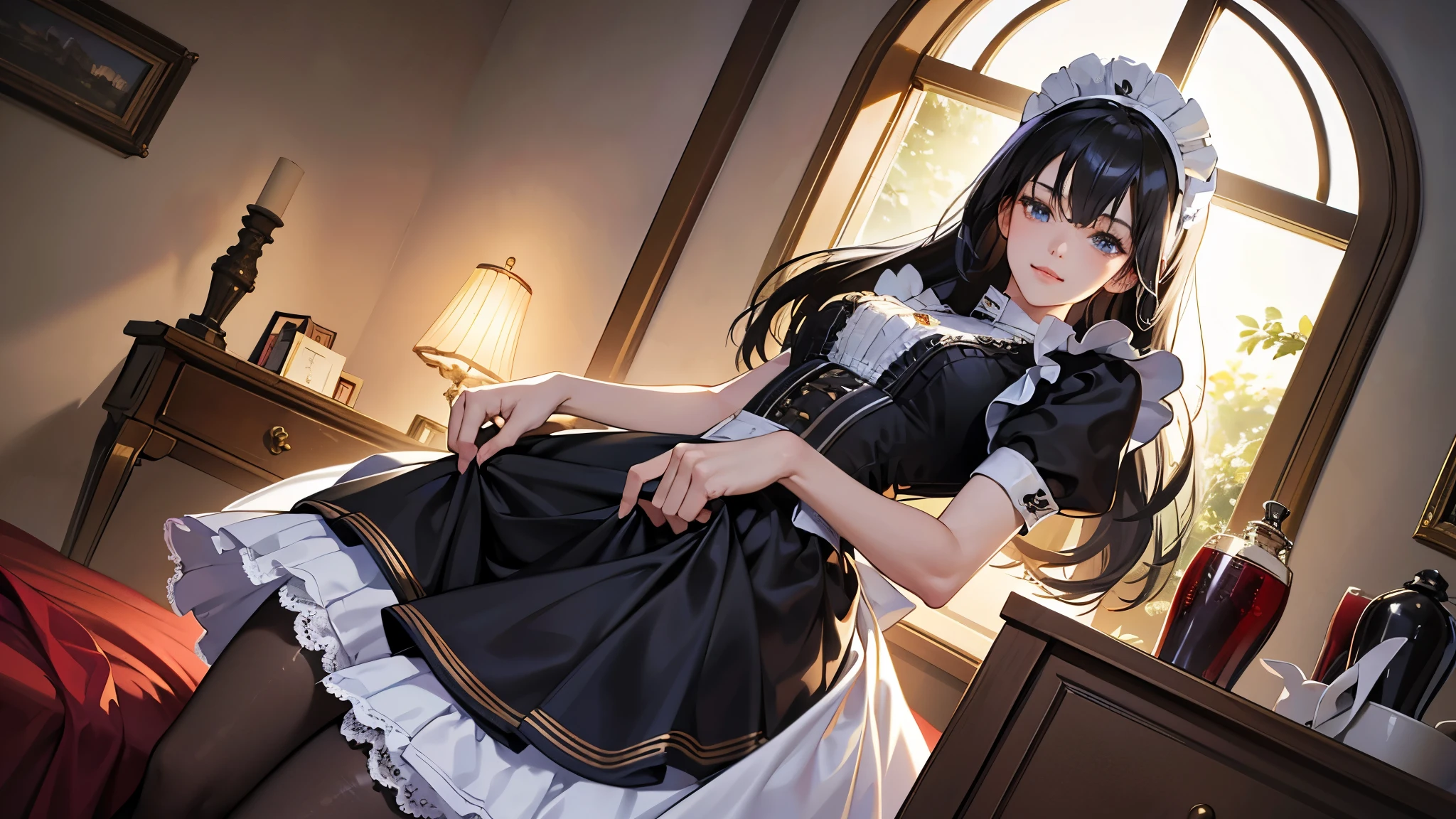 (tmasterpiece, high resolution,ultra - detailed:1.0),1 girl,Young and beautiful women,eye looking to camera,Perfect female body, , Extremely detailed CG,Unity 8k wallpaper，Complicated details, solo person, (skimpy Maid clothes), French Maid Open Uniform, short skimpy Maid dress, lace stockings, color difference, Depth of field,dramatic shadow, Ray tracing, Best quality, Cinematic lighting, Beautiful young maid, manipulative cunning, sly dominant maid, cruel, deceitful, fake smiles, secretly despite you,