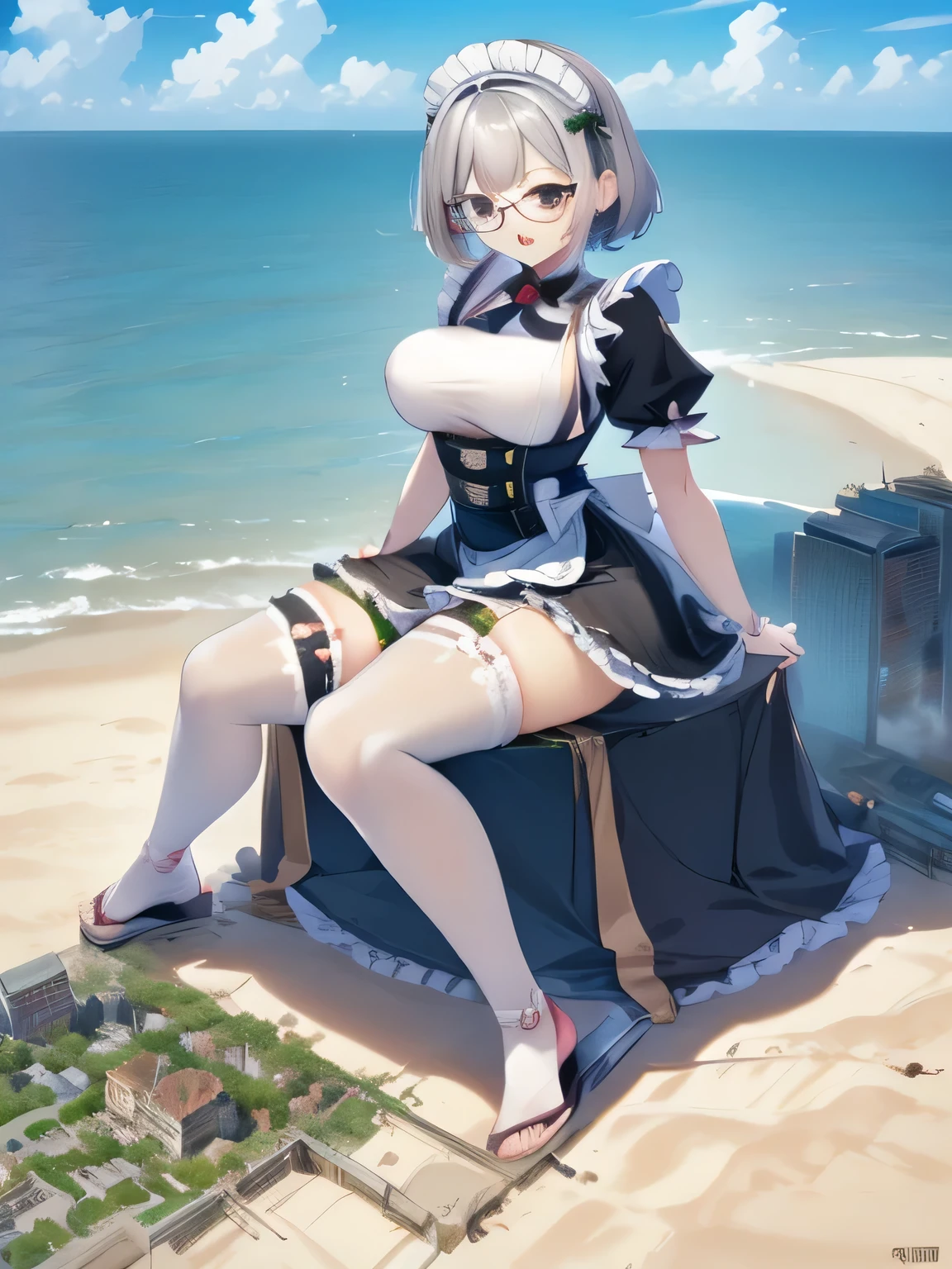 multiple girls, 3girls, standing, giantess art, highly detailed giantess shot, giantess, most detailed, perfect face, two legs, five fingers, short hair, beautiful girl bigger than a skyscraper, wearing rimless glasses, smiling, huge breasts, maid, maid outfit, black pantyhose, no shoes, toes visible through pantyhose, steam coming out of soles of feet, seaside metropolis, ocean, destroying city, under heavy attack, very small metropolis, miniature metropolis, full body depiction, GTS, giga giantess, gigagts, trampling city, crashed city, small city, micro city, pantyhose feet, high resolution, best quality, masterpiece,