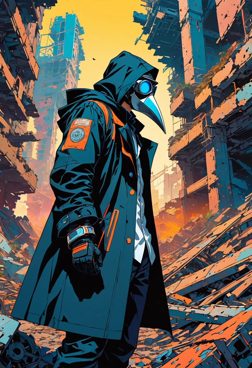 (masterpiece, best quality:1.1), (ultra highres, ultra-detailed:1.2),(doodle),pop-art,flatcolor,one boy,(male Mad-scientist),(wearing plague-doctor costume,white beak-mask),eyes glow blue,black hood,black lab-coat, mecha arm,short hight,BREAK boy pose,in mechanical ruins,absurdity, extraordinary,dynamic angle,