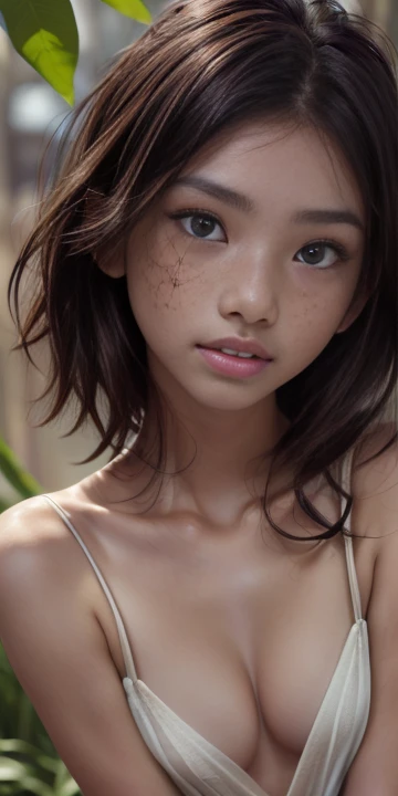 (portrait, editorial photograph of a beautiful asian girl, adorable face, freckles,  long brown curly hair, hazel eyes, by lee jeffries, nikon d850, film stock photograph ,4 kodak portra 400 ,camera f1.6 lens ,rich colors ,hyper realistic ,lifelike texture, dramatic lighting, (highly detailed face:1.4), perfect eyes, realistic iris, perfect teeth, (smile:0.7), (background dark, shadow of the leaves, moody, cleavage), sun rising, early morning light, Wishing for something, masterpiece, best quality, photorealistic, Citizen of Guinea-Bissau, very cute super model, perfect anatomy, skinny, ((small breasts)), ((full body shot))
