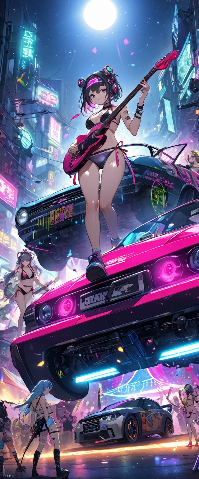 cyber punk、night、guitar、band、Music Festival、robot、car、Girls、bikini