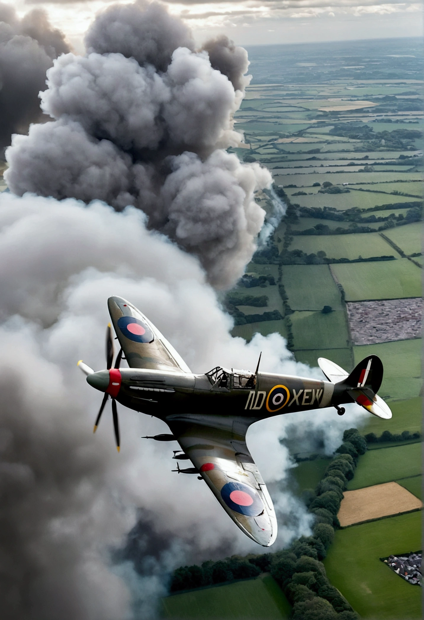 8k quality, ultra-high definition real photo, World War II, British fighter plane, Supermarine Spitfire, specifications during the D-day operation, flying over Normandy, overcast sky, black clouds in the distance, black smoke from the battle rising from the ground, the camera is at an angle looking down on the fighter plane.