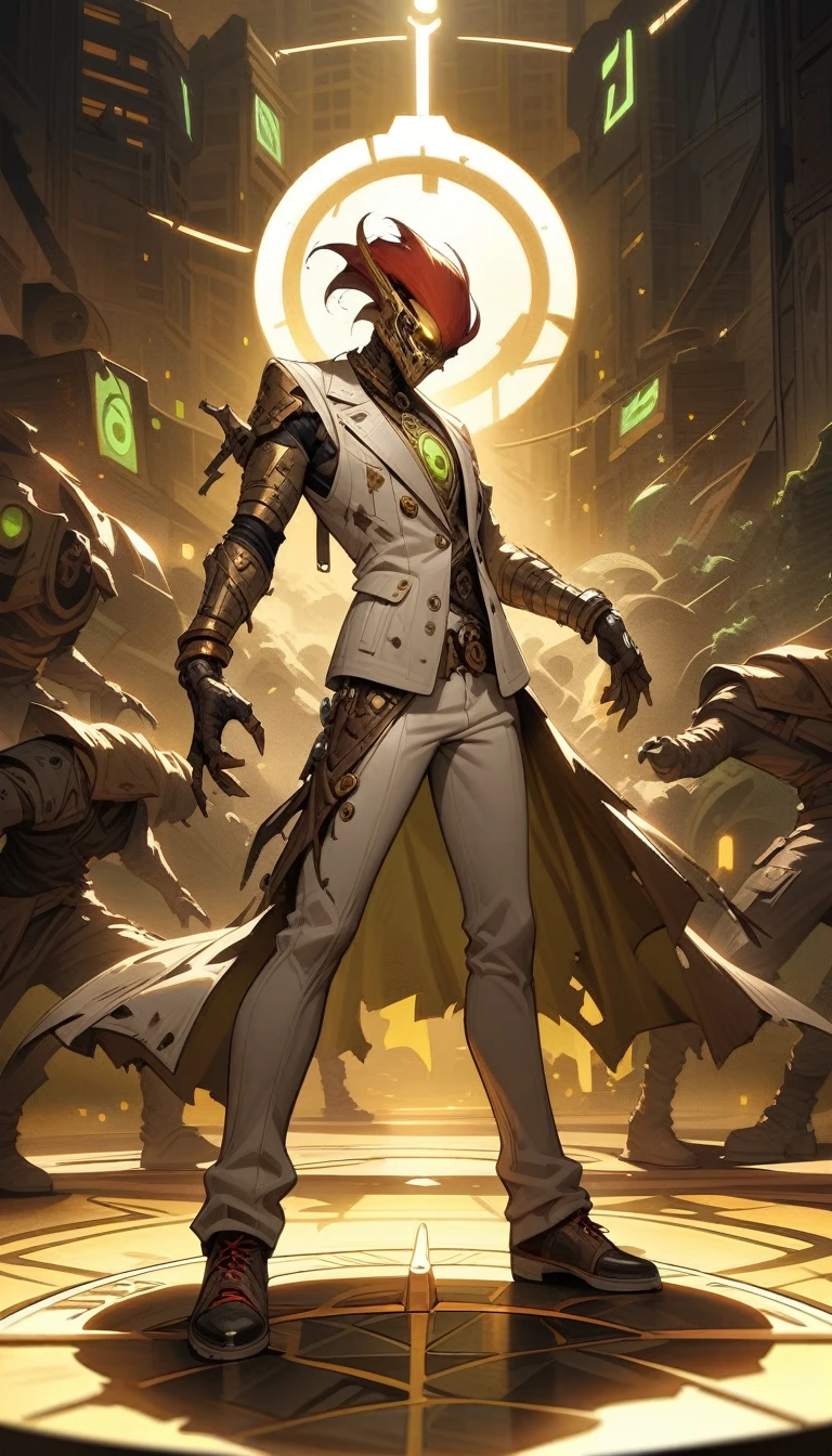 ((best quality)) , ((masterpiece)) , (detailed)，Illustration of a Hearthstone card game character, a lizard in a white suit with a red mohawk dancing on a golden dance floor, with yellow lights and green decorations in the background, in the style of a cartoon.Dystopian style, Inconsiderate . Bleak, post-apocalyptic, somber, dramatic, highly detailed
