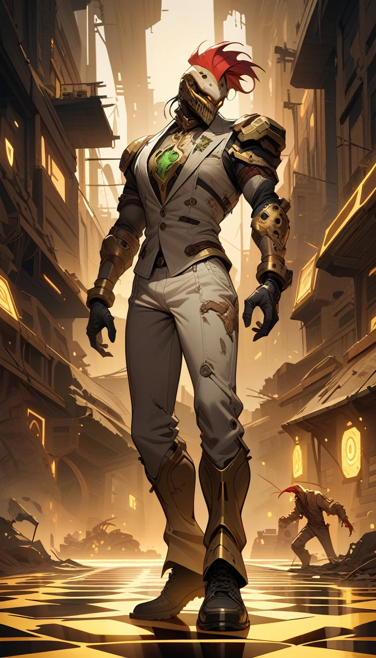 ((best quality)) , ((masterpiece)) , (detailed),Illustration of a Hearthstone card game character, a lizard in a white suit with a red mohawk dancing on a golden dance floor, with yellow lights and green decorations in the background, in the style of a cartoon.Dystopian style, Inconsiderate . Bleak, post-apocalyptic, somber, dramatic, highly detailed