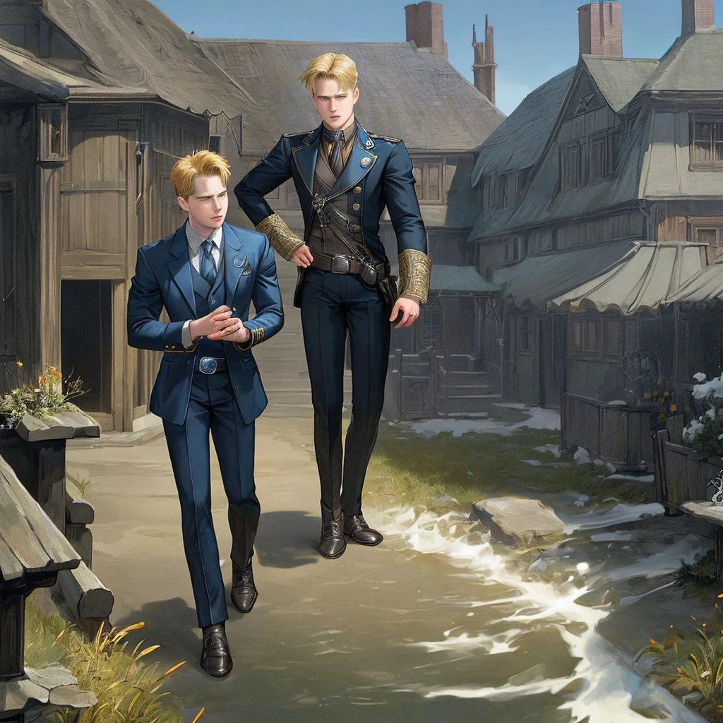 Intricate details, best quality picture, handsome blonde teen boy harassed by an angered Captain Jack harkness teen boy, detailed town scenery, detailed character,