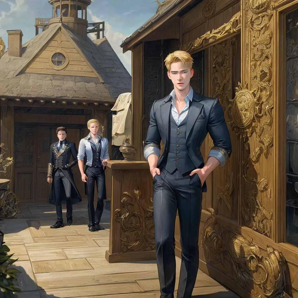Intricate details, best quality picture, handsome blonde teen boy harassed by an angered Captain Jack harkness teen boy, detailed town scenery, detailed character, 