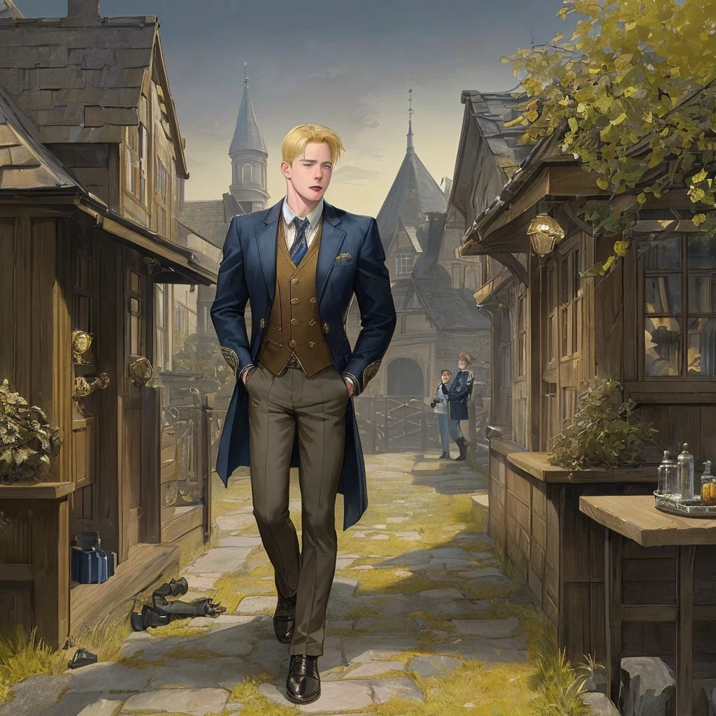 Intricate details, best quality picture, handsome blonde teen boy harassed by an angered Captain Jack harkness teen boy, detailed town scenery, detailed character,