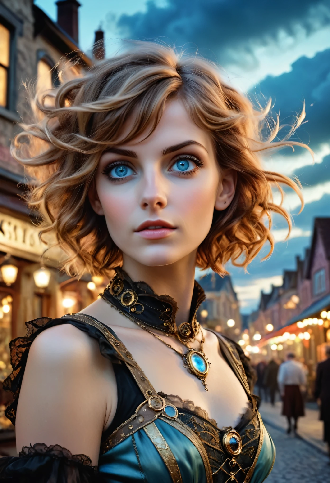 realistic, mesmerizing, modern analog photo, middle shot, photorealistic, (most detailed face, eyes), skyscape with clouds, nightfall, cute woman, small european town in 1910, short windblown skirt, soft steampunk aesthetic, short hair, smoke particles, halo, (bioluminescent:0.95), vibrant color details, dynamic, Intensed eyes, sexy, pleasure, wishmaster, depth of field, 35mm, film grain, raw photo, isometric, extremely detailed