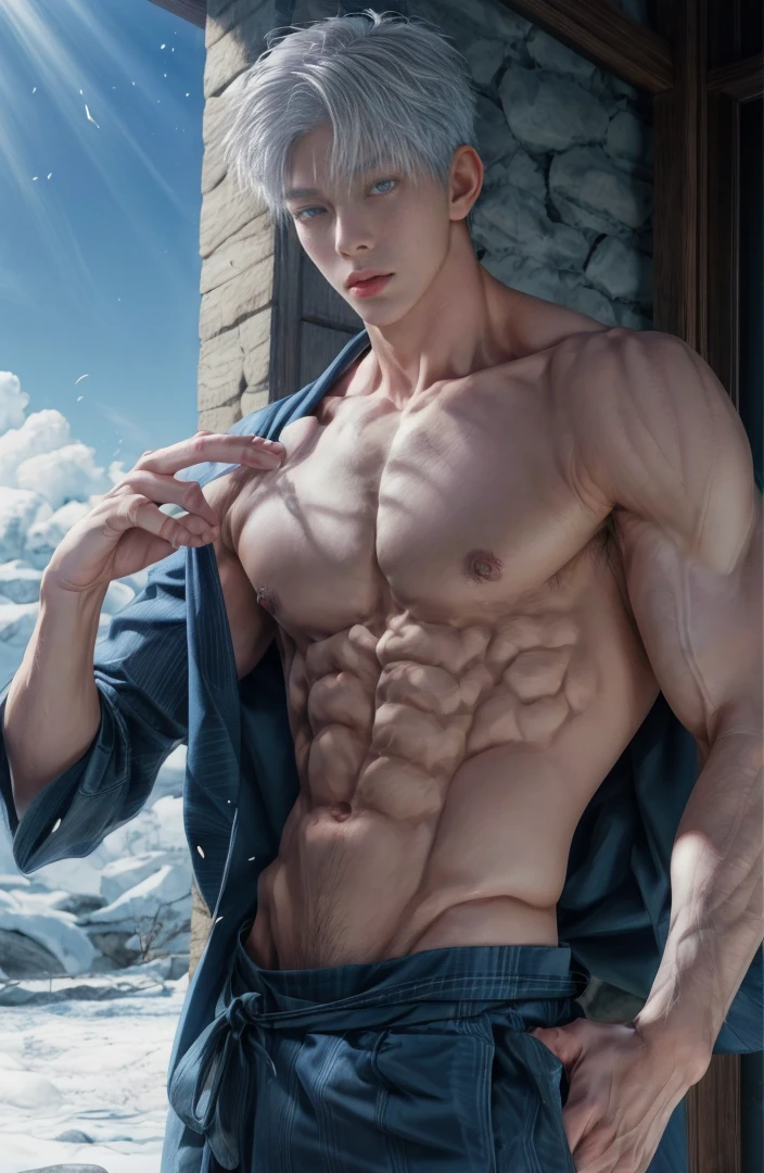 Japanese male model, 4k images, Portrait, adult, handsome, perfect face detail, detailed eyes and face, clean shaved, sixpack realistic, white eyebrow hair, white eyelashes, dynamic lighting, unreal engine 5, hd picture, satoru gojo, white hair, short hair ,hair between eyes ,blue eyes, white skin