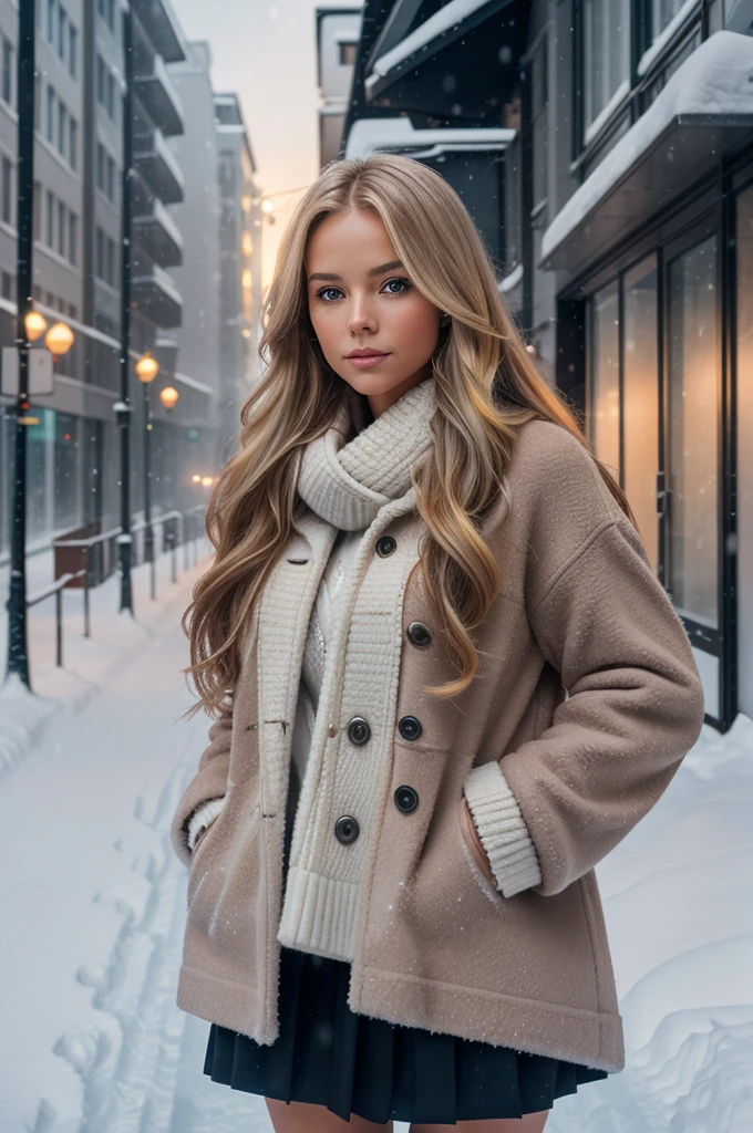 professional portrait photograph of a gorgeous Norwegian girl in winter clothing with long wavy blonde hair, sultry flirty look, gorgeous symmetrical face, cute natural makeup, wearing elegant warm winter fashion clothing, ((standing outside in snowy city street)), stunning modern urban environment, ultra realistic, concept art, elegant, highly detailed, intricate, sharp focus, depth of field, f/1. 8, 85mm, medium shot, mid shot, (((professionally color graded))), bright soft diffused light, (volumetric fog), trending on instagram, hdr 4k, 8k