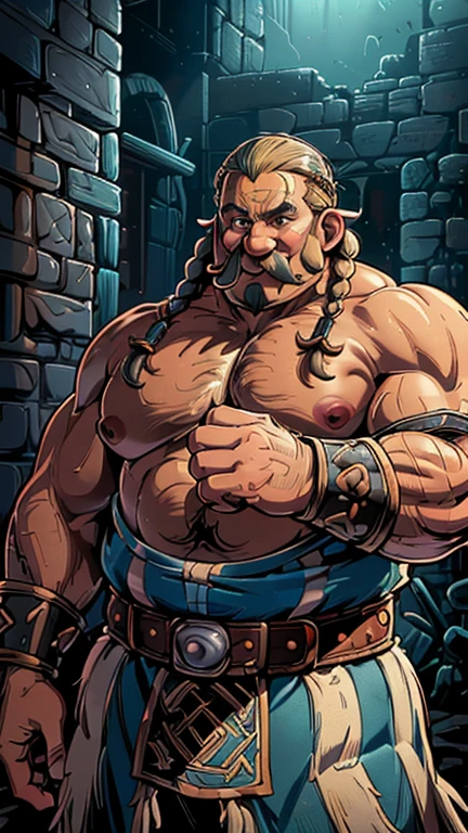 (1man, obelix, fat, mustache, readhead, twin braids, big nose, black eyes), (extremely detailed CG unit 8k wallpaper),(master part), (best quality), (ultra detail), (best illustration),(style of Dan Mumford), cowboy shot, (Sharp eyeliner, ombre, detail eyes:1), dark viking dungeon interiors background, ,break , (ancient viking), upper body,