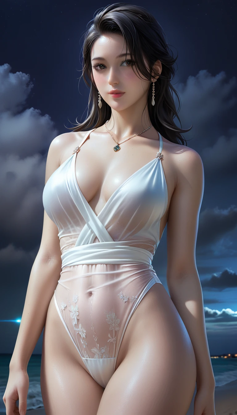 score_9, score_8_superior, score_7_superior, Masterpieces with up to 16K resolution,Highest quality,it is really amazing,Very detailed,Ultra-high resolution,(Ultra-realistic:1.1),(Realistic:1.1),Increased depth of field,Cinematic lighting,
Elegant Japanese MILF,
Long black hair,Ultra-detailed and beautiful face,Translucent white skin,Realistic skin texture,
(Elegant swimwear:1.1),
Bold design,Artistic design,Beautiful and detailed pattern,Detailed fabric texture,
Gorgeous necklace,Earrings,
(Deserted beach at night:1.4),(Dark night sky with dark clouds:1.4),
(Dramatic Angle:1.1),