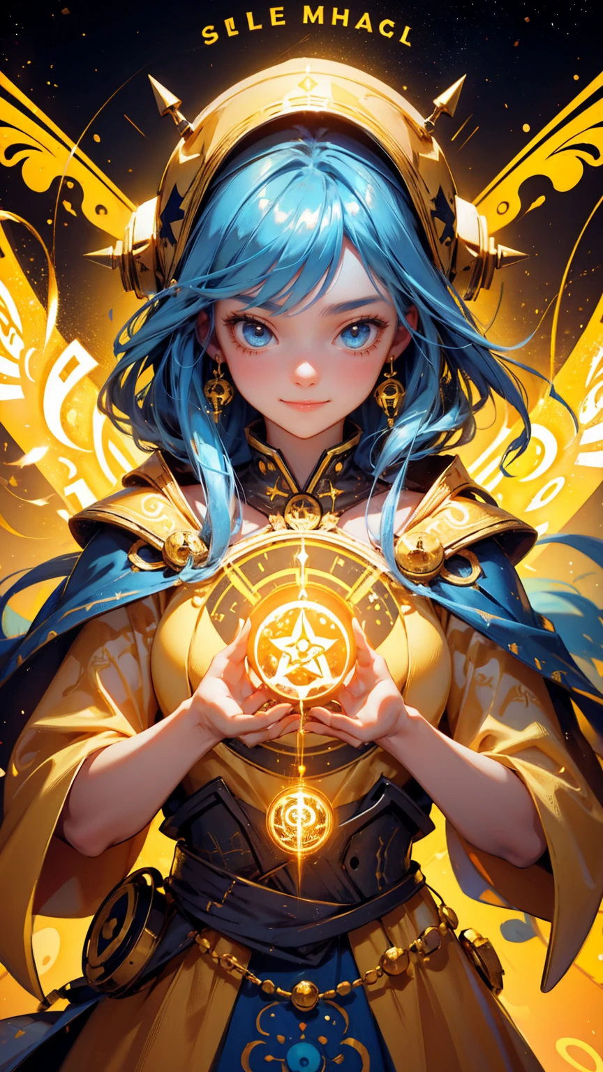 cute beautiful girl happy face, a golden dress with symbols of magic and technology floating around her. The words on the bottom "Shill Shaman",