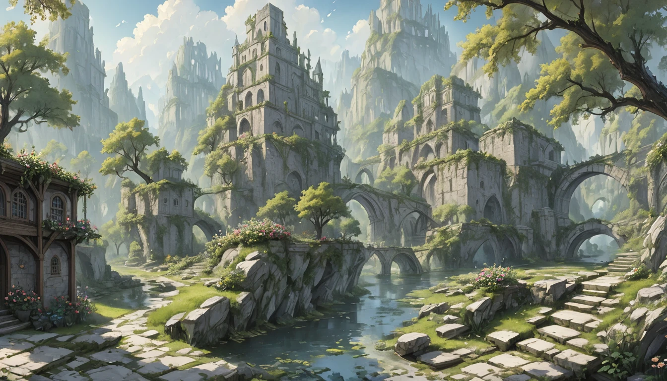 middle Ages　 Fantasy RPG Landscape Stone City Landscape, no humans, no peoples, bard　bar