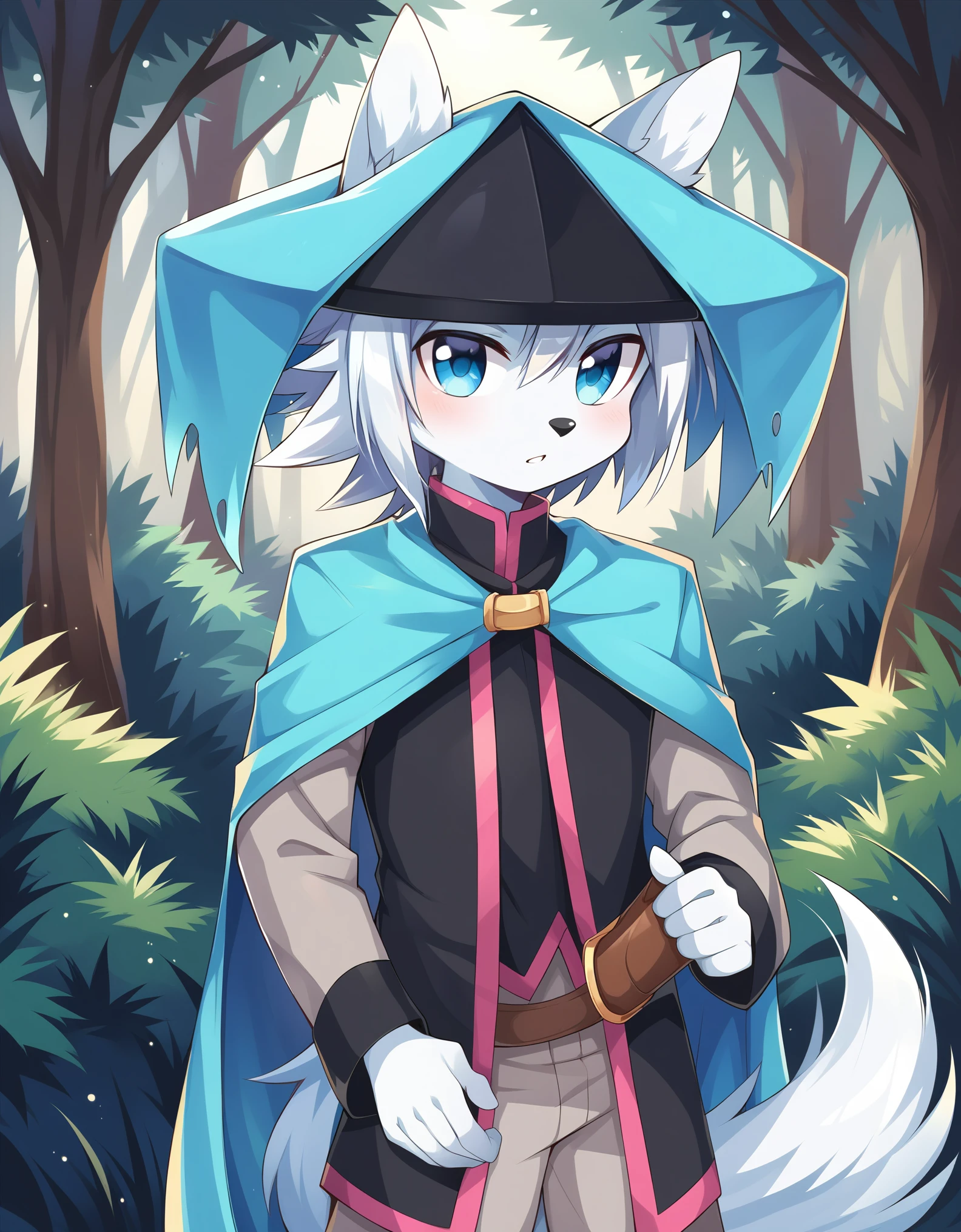 score_9, score_8_up, score_7_up, score_6_up, (du57aet, anthro, tail), ((male focus, 1boy, solo)), male, half-length portrait, blue eyes, hat, cape, vest,  forest background 