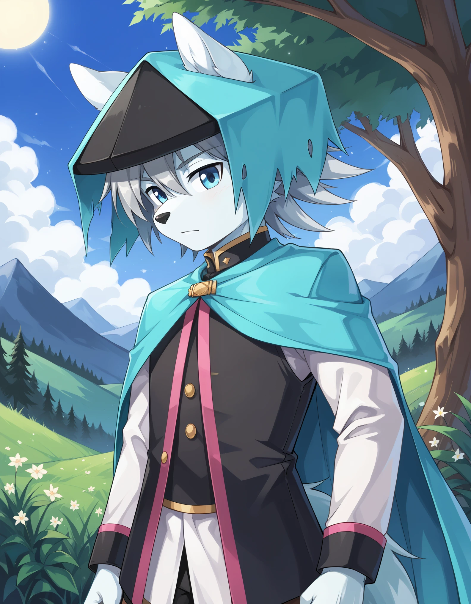 score_9, score_8_up, score_7_up, score_6_up, (du57aet, anthro, tail), ((male focus, 1boy, solo)), male, half-length portrait, blue eyes, hat, cape, vest, forest background