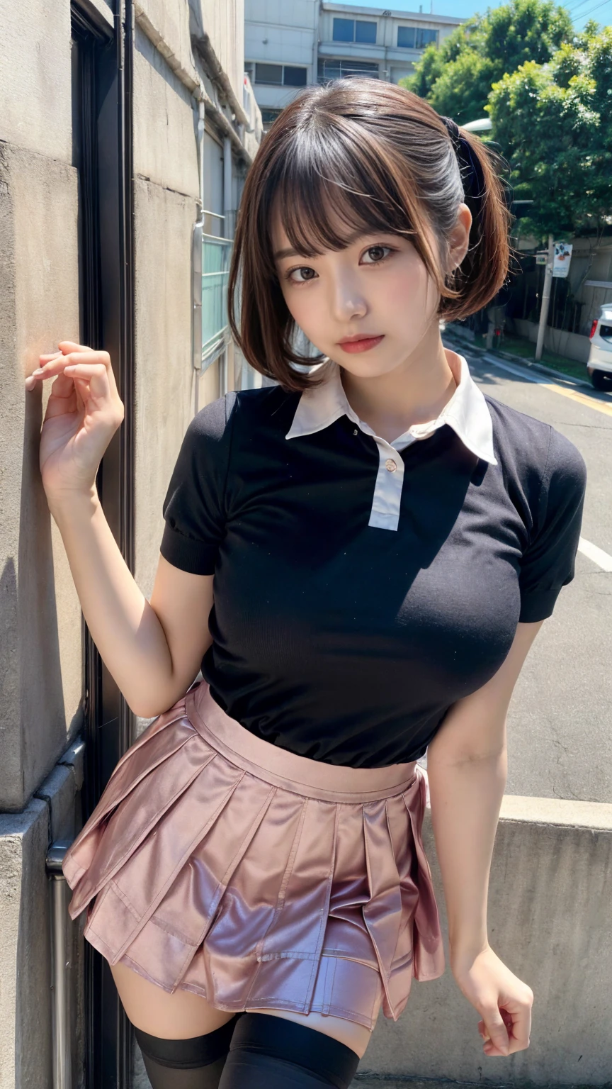 masterpiece, best quality, illustration, Super detailed, fine details, High resolution, 8K,wall paper, perfect dynamic composition,(Details High quality, realistic depiction of eyes:1.3), standing, short hair, (wavy hair:1.2), (short sleeve collared dress shirt,tight skirt,thighhighs,zettai ryouiki:1.4), black hair color, Big Natural Color Lip, bold sexy pose, crying a little、Harajuku style、acrobatic pose, 20 year old girl、cute type、lolita、beautiful legs, gravure idol, Japanese idol, huge breasts