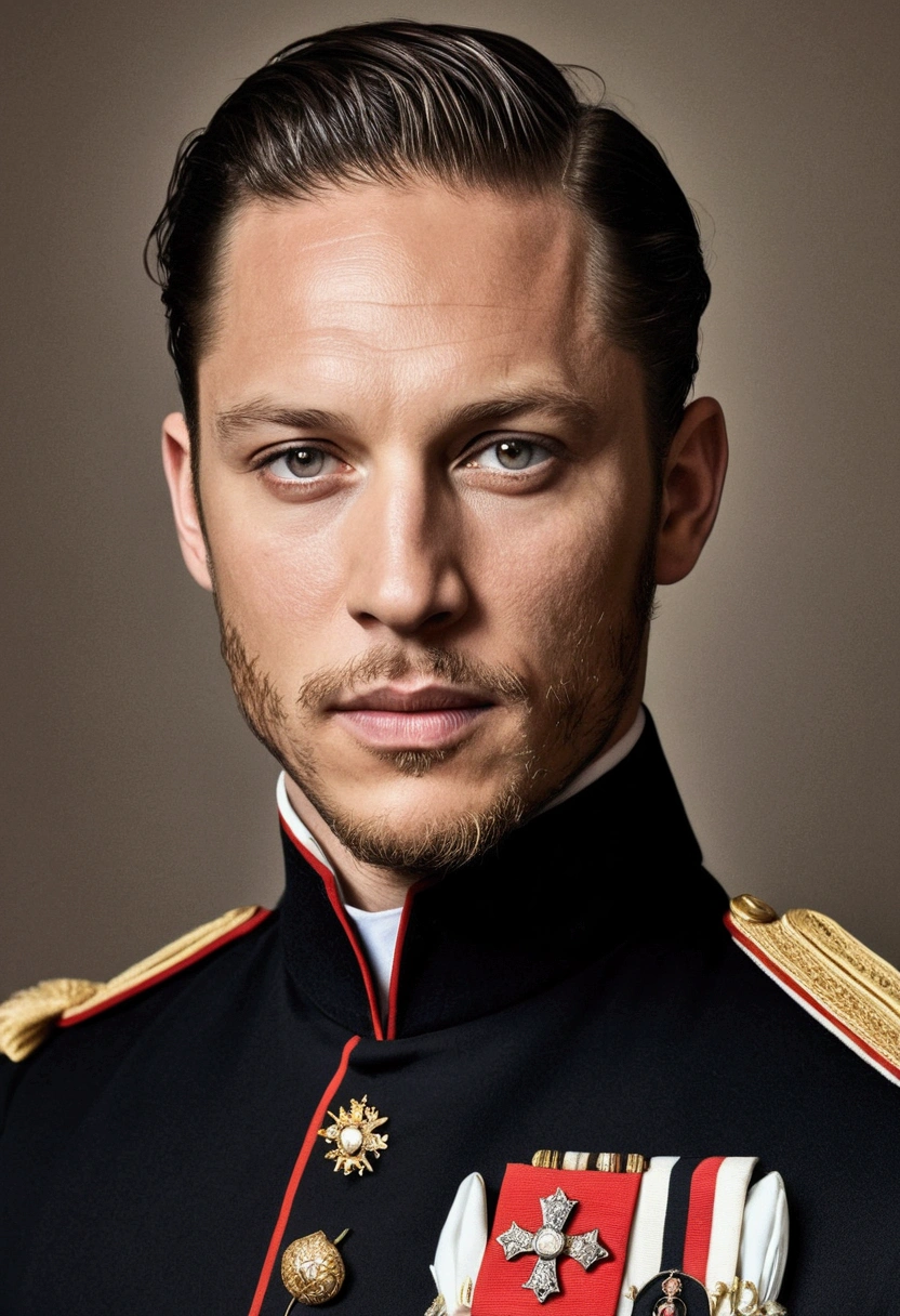 30-year-old Prince of Monaco in Victorian times extremely handsome with Tom Hardy features with gray eyes like a cloudy sky, dressed like a prince from the year 1847 with his uniform and insignia worthy of the monarchy of Queen Victoria