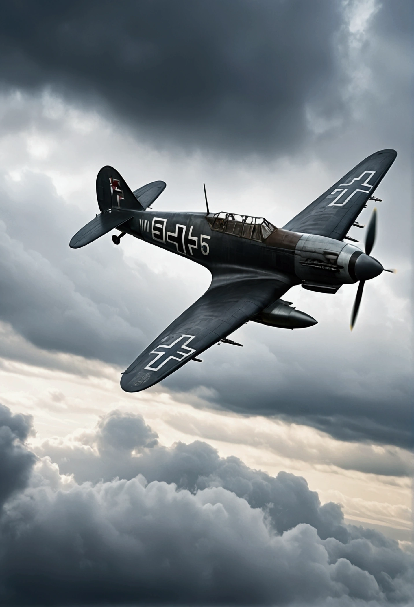 8k quality, ultra-high-definition real photo, World War II, German Air Force Focke-Wulf fighter, air combat in the gloomy cloudy sky, powerful focus.